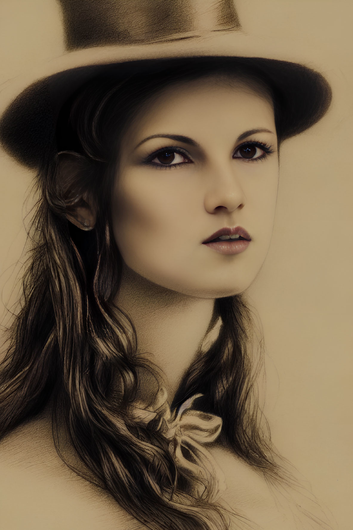 Portrait of woman with long wavy hair and hat in sepia-toned background, with soft lighting