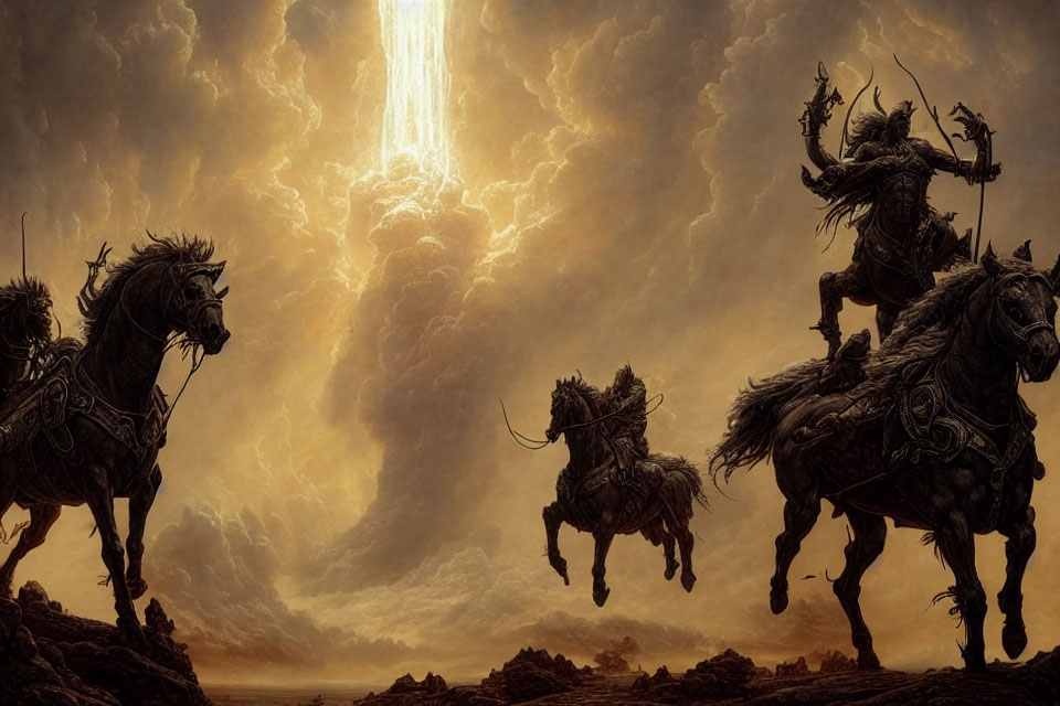 Armored riders on horseback under dramatic sky with lightning bolt.