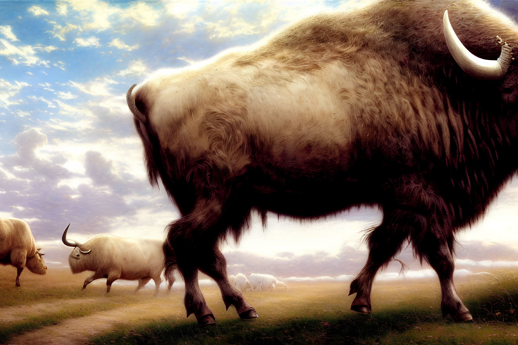 Herd of oxen grazing under dramatic sky with large, prominent ox.