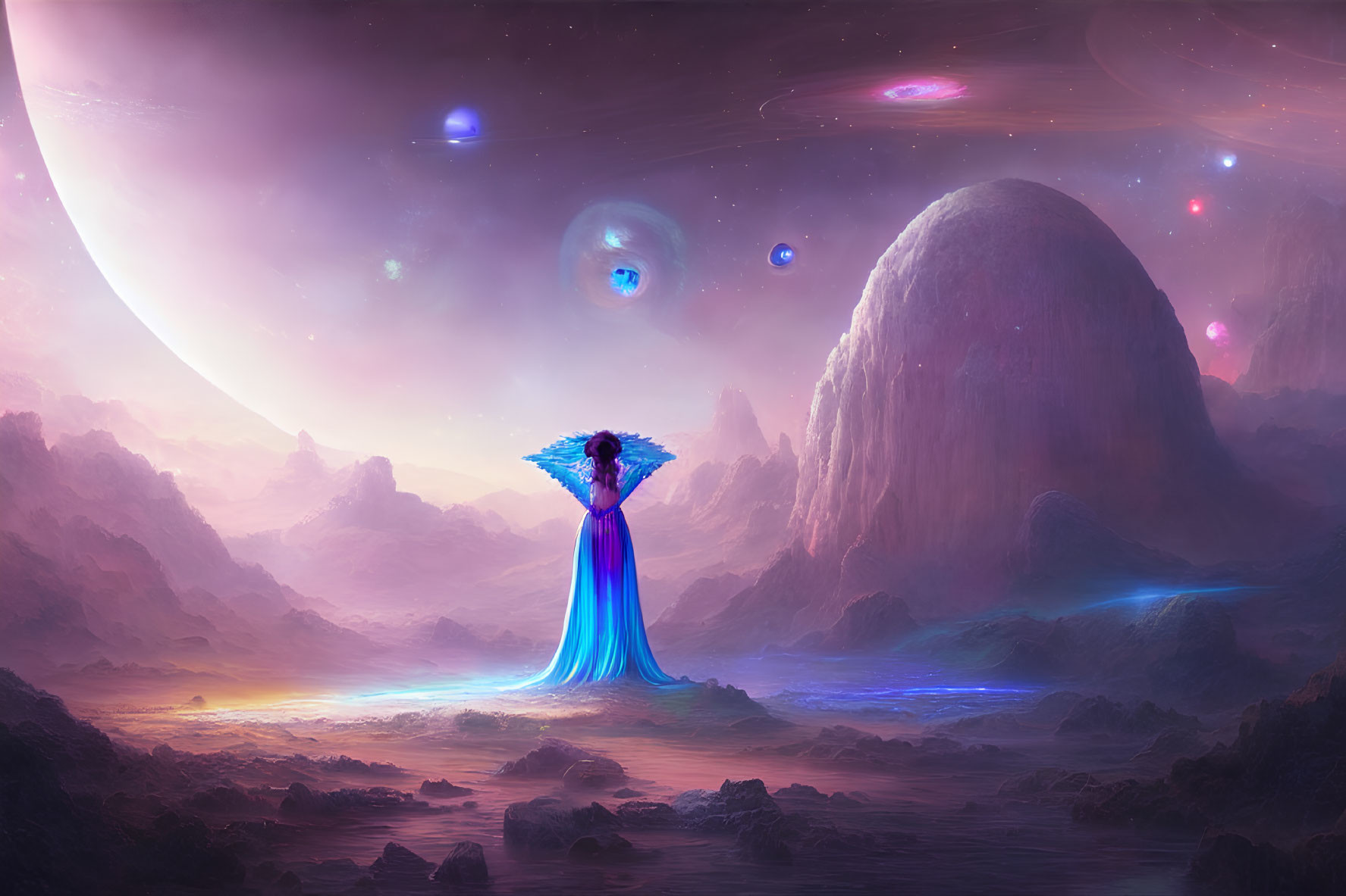 Cloaked figure in fantastical landscape under luminous night sky