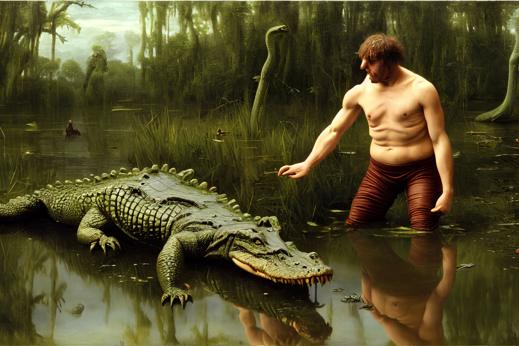 Shirtless man in red shorts cautiously approaches large alligator in shallow swamp