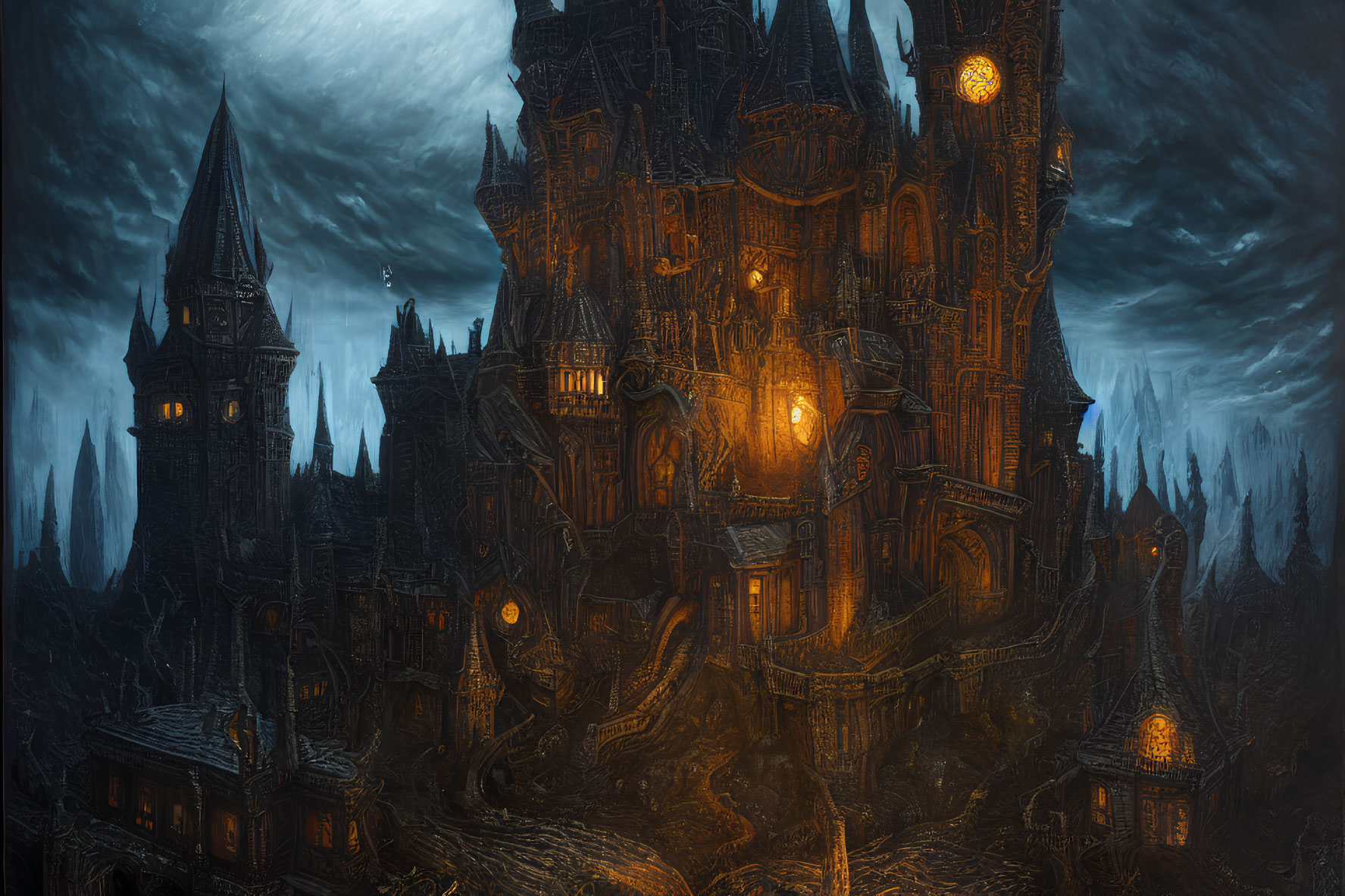 Gothic castle illuminated by orange lights at night