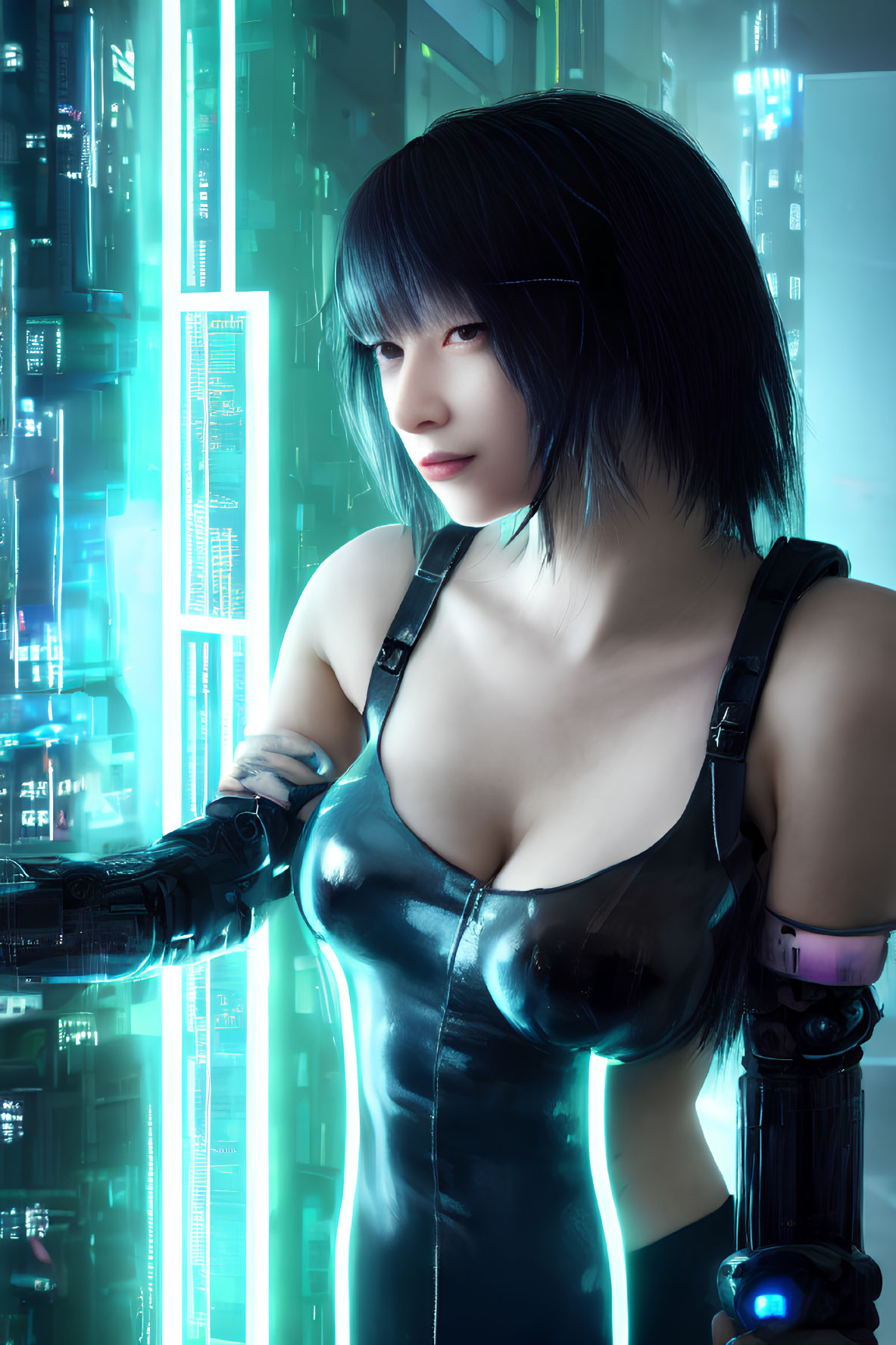 Futuristic woman with short hair in cybernetic gloves against digital columns