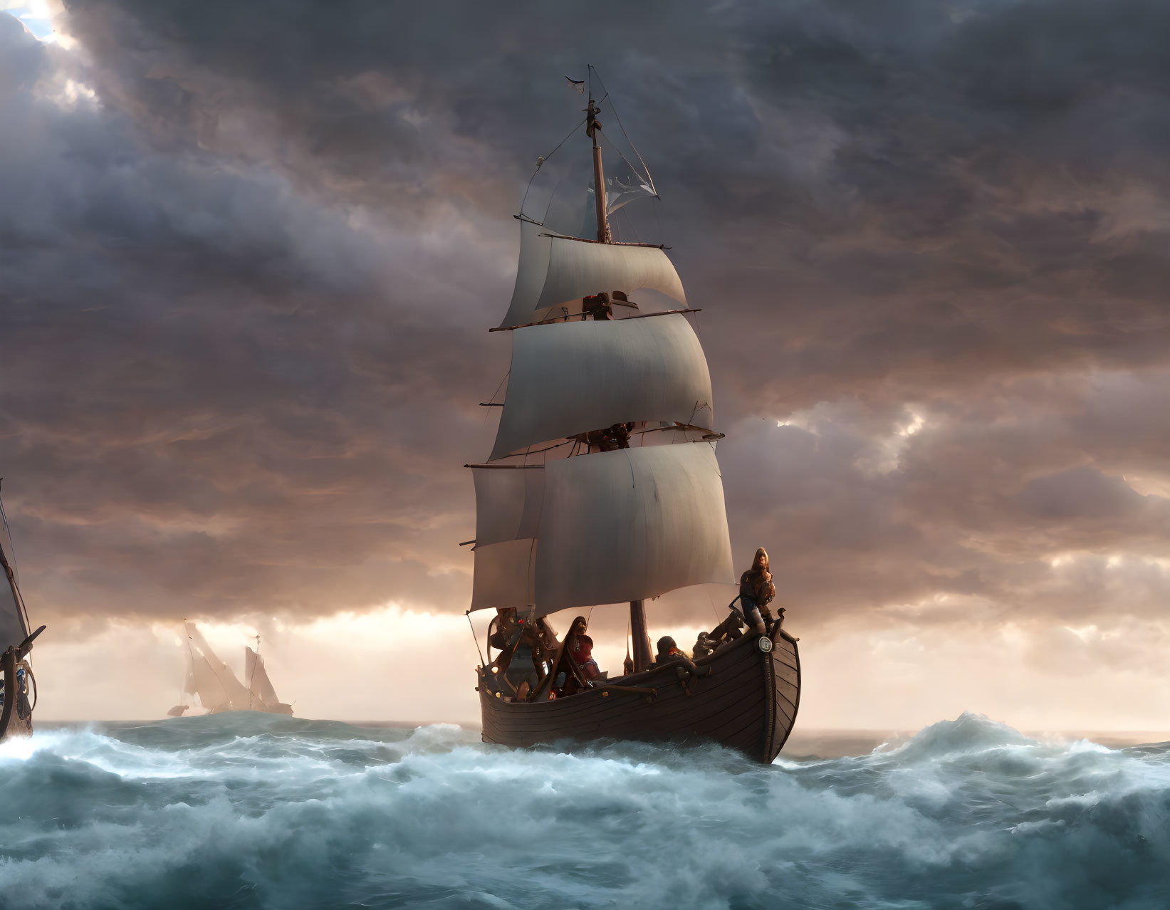 Sailboat with full sails navigating turbulent ocean waves at sunset