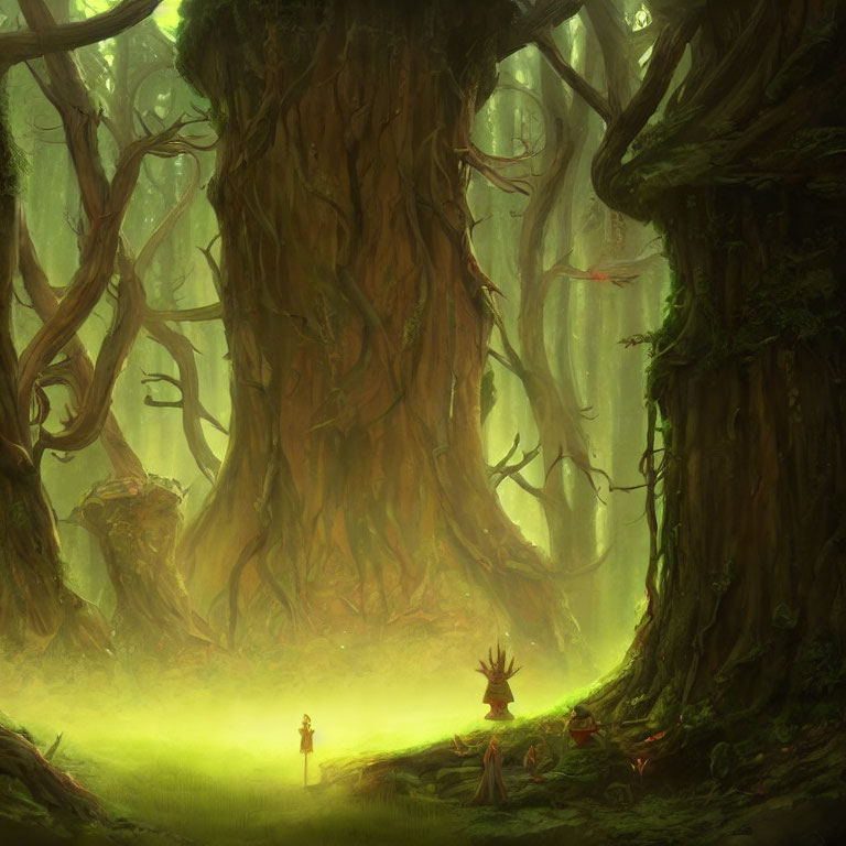 Mystical forest scene with towering trees and green glow