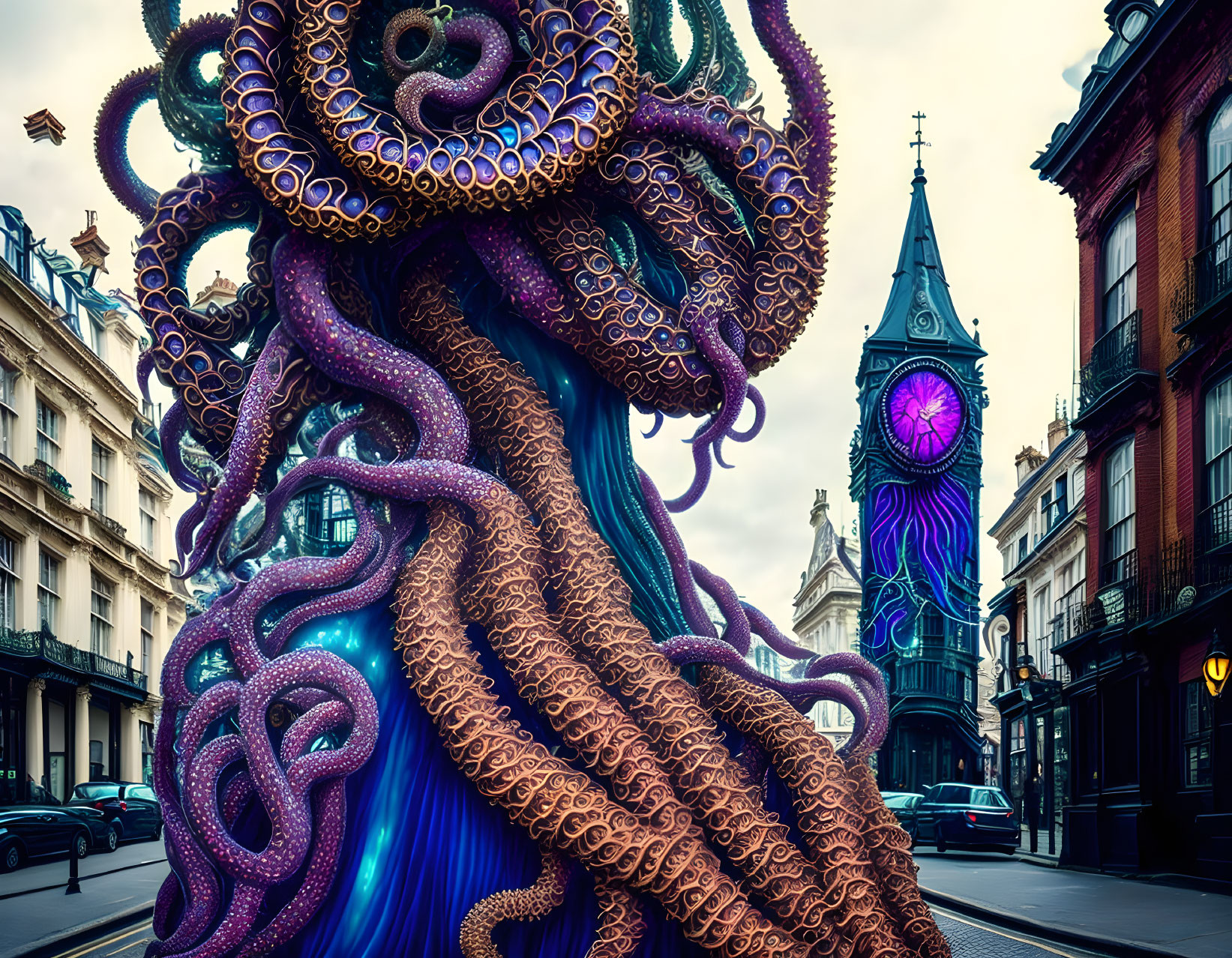 Intricate Purple and Bronze Giant Octopus in European Street Scene