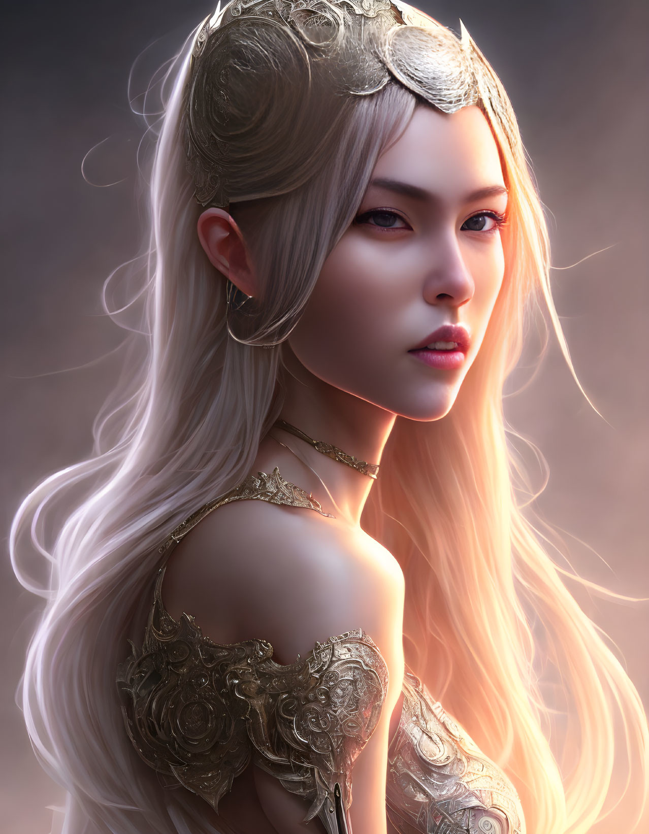 Pale-skinned woman in golden armor with mystical backdrop