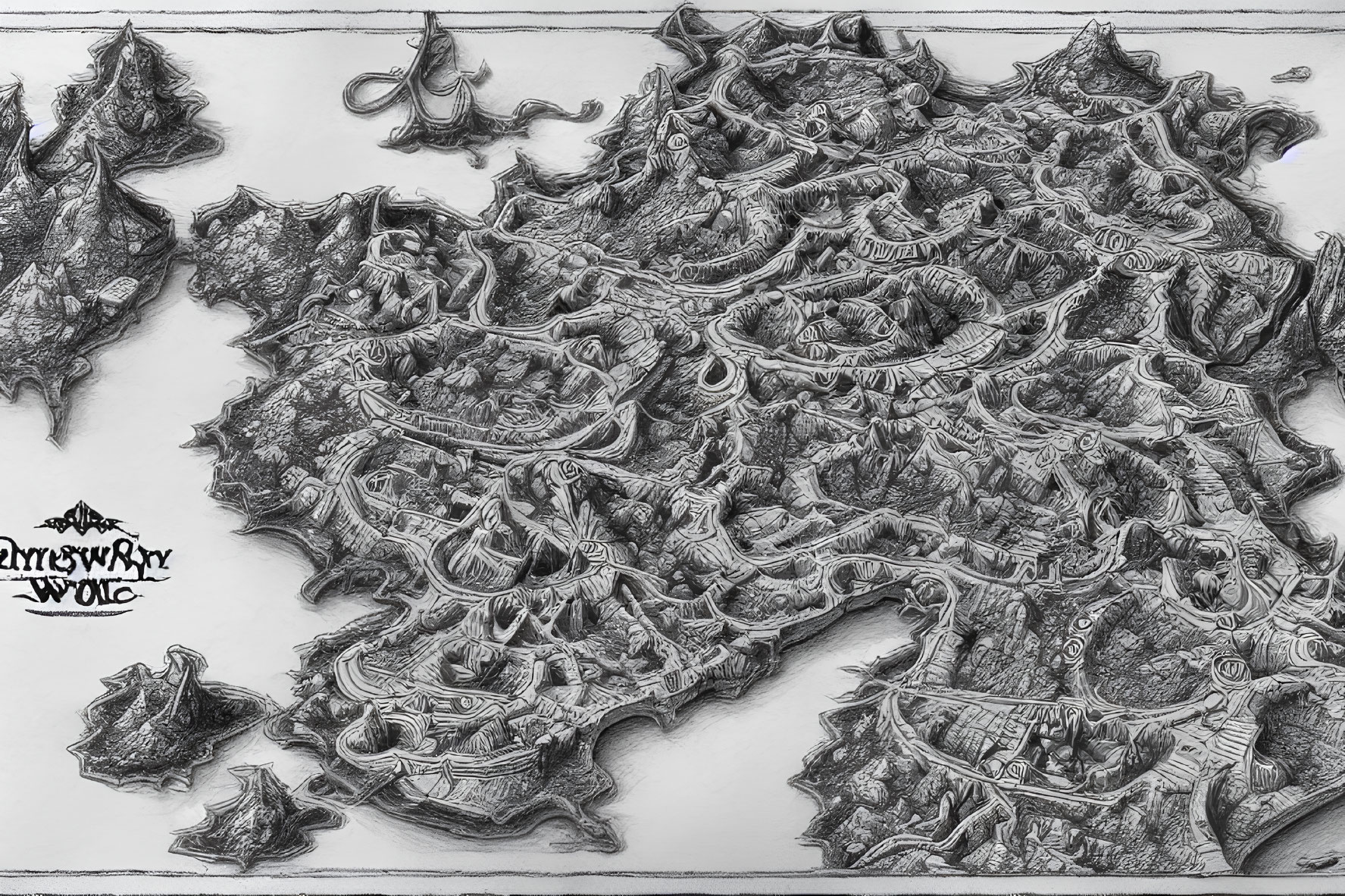 Detailed Black and White Fantasy Map with Mountains, Valleys, and Pathways