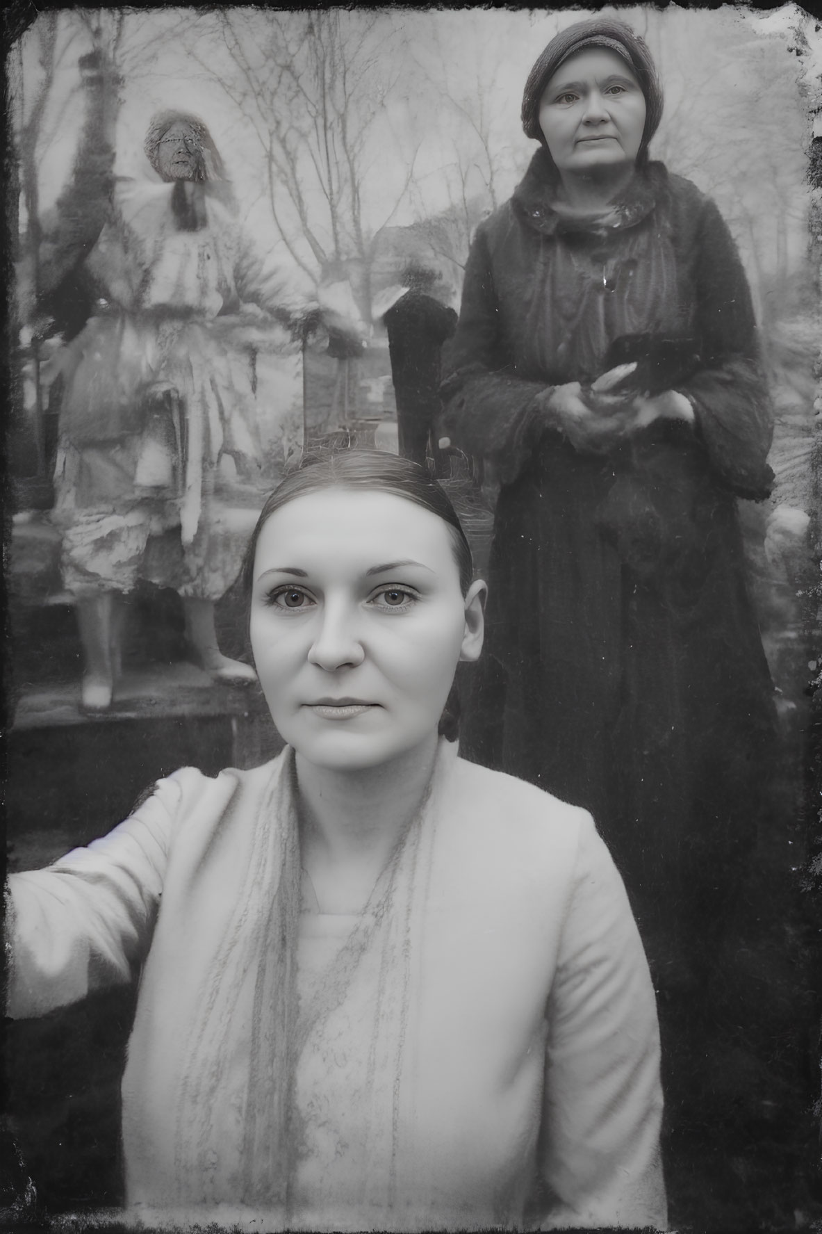 Monochrome image of three women in different poses