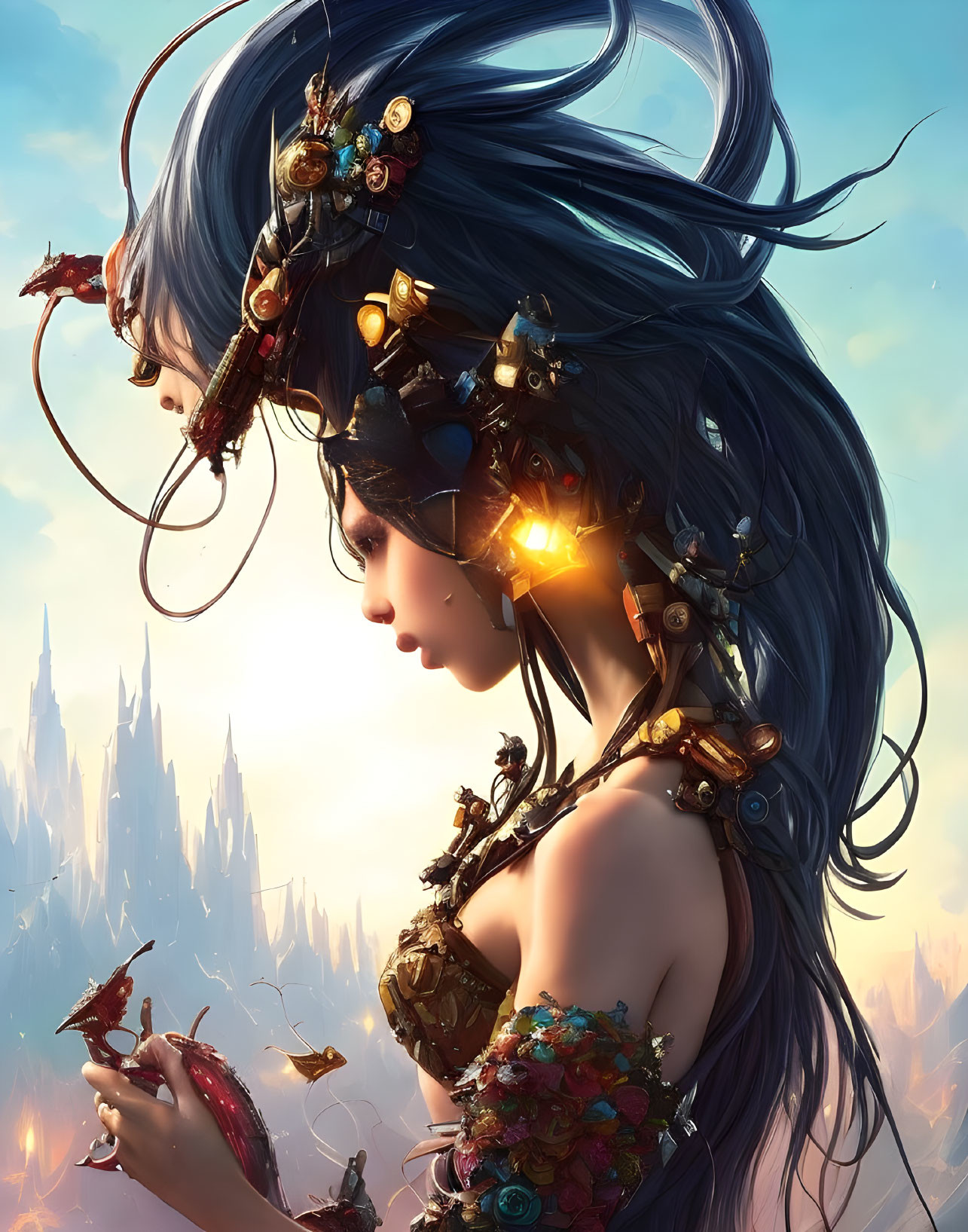 Profile View Digital Artwork: Woman with Blue Hair, Golden Mechanical Details, Flowers, Castle Backdrop