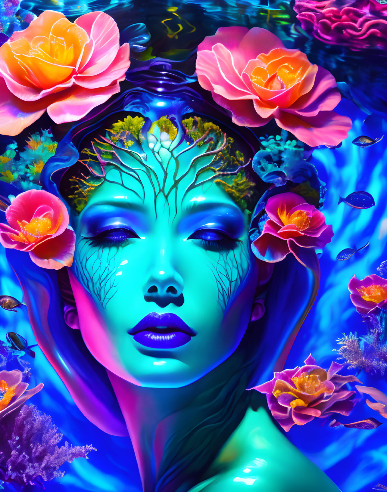 Colorful woman's face with tree branches, leaves, water, flowers, and fish.