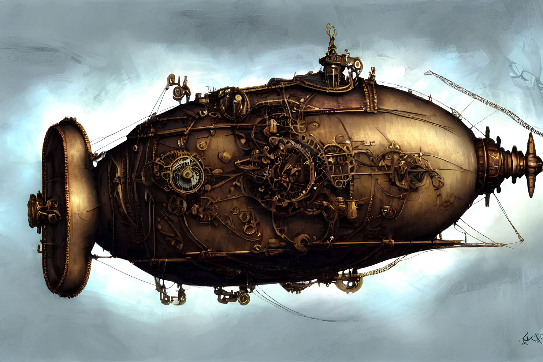 Intricate steampunk-style airship with metalwork and propeller