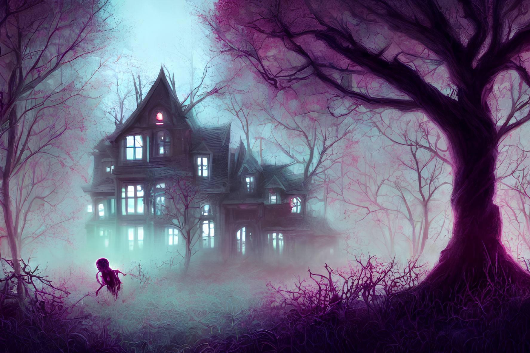 Foggy Victorian mansion at twilight with eerie purple lighting