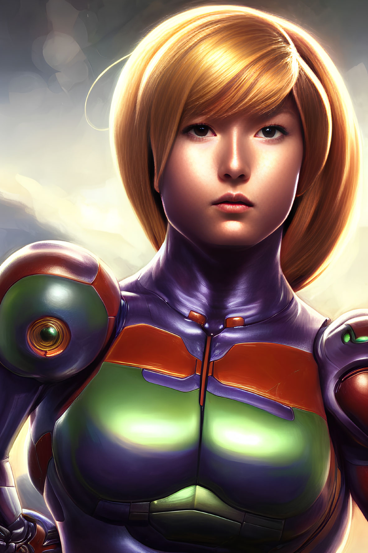 Digital illustration: Woman in futuristic armor with short blonde hair