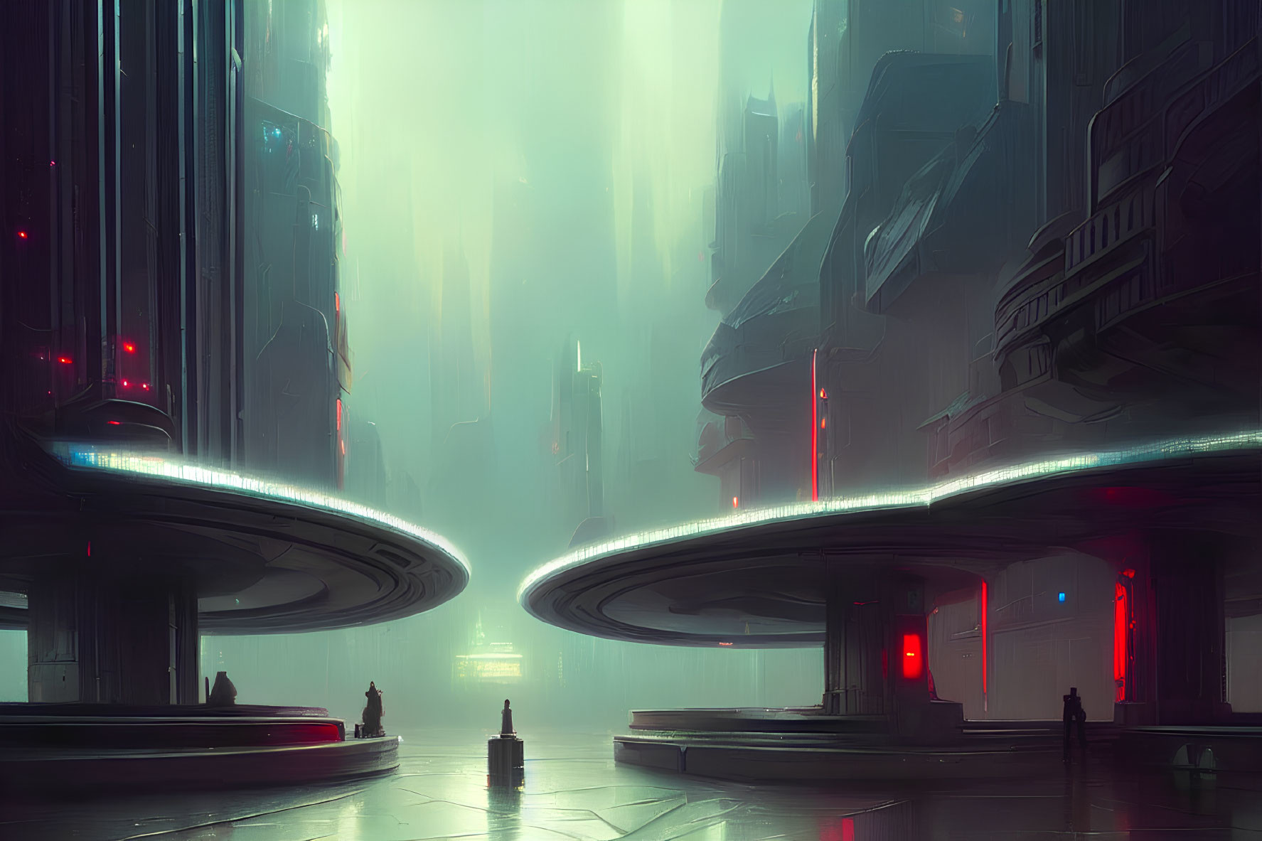 Futuristic cityscape with towering buildings and glowing neon lights