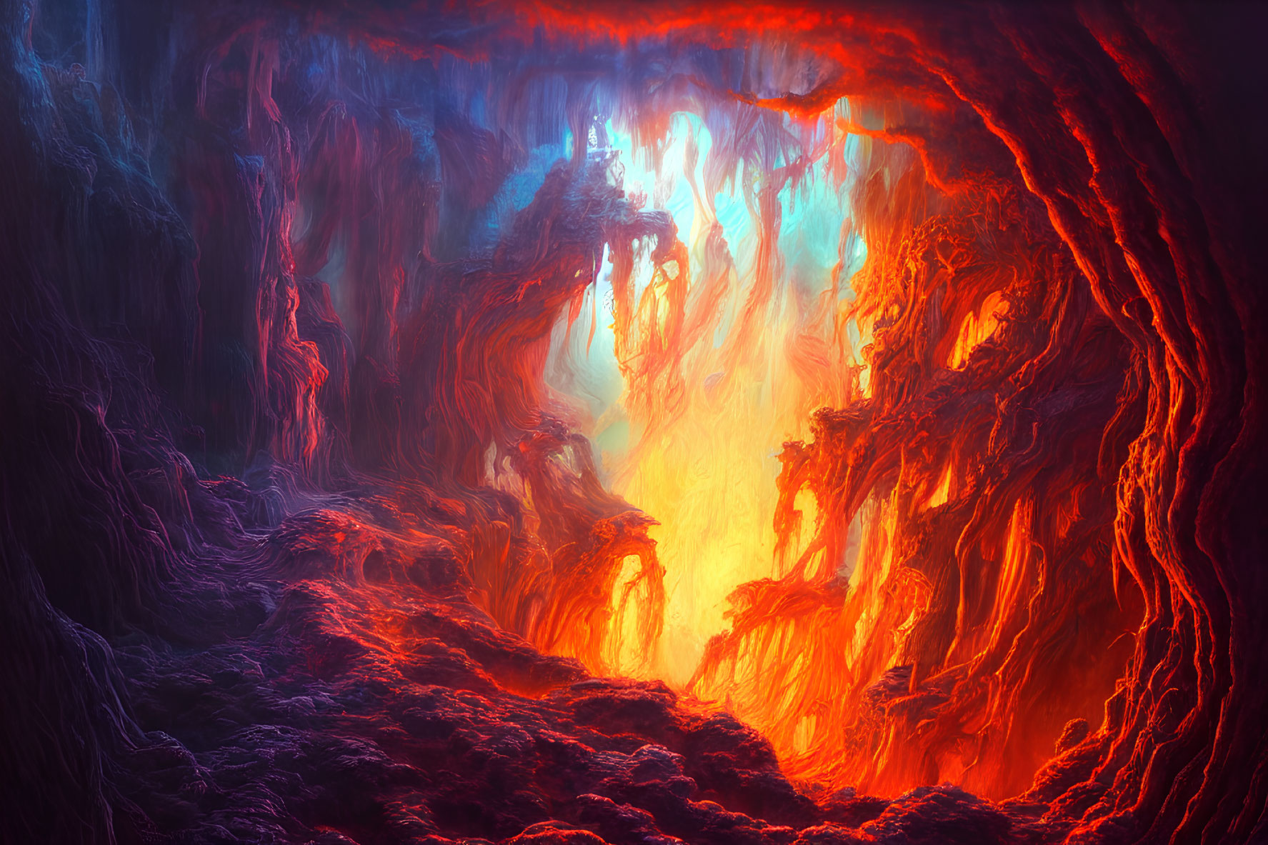 Surreal digital artwork: Flaming cavern with lava flow