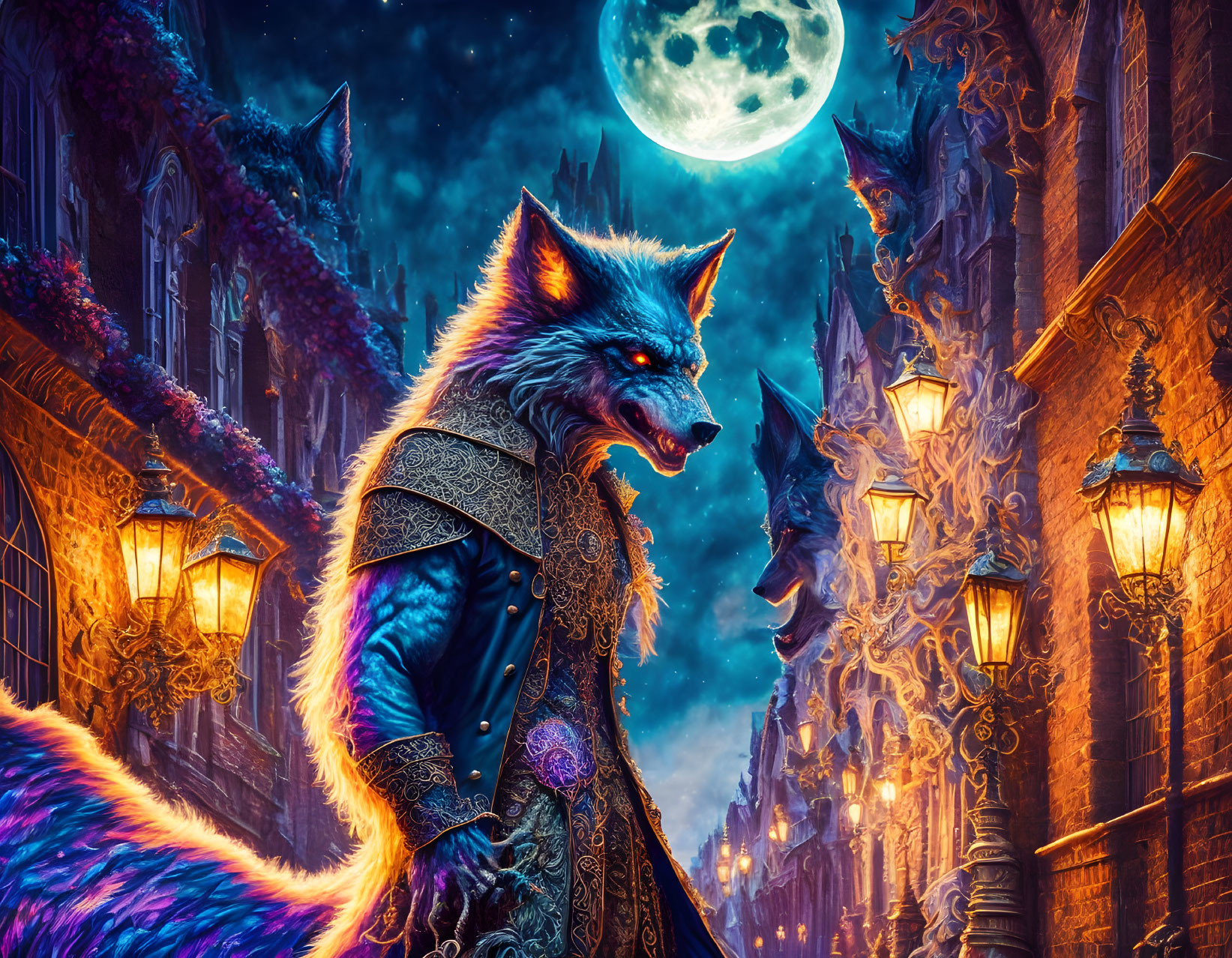 Anthropomorphic wolf in regal attire on moonlit street.