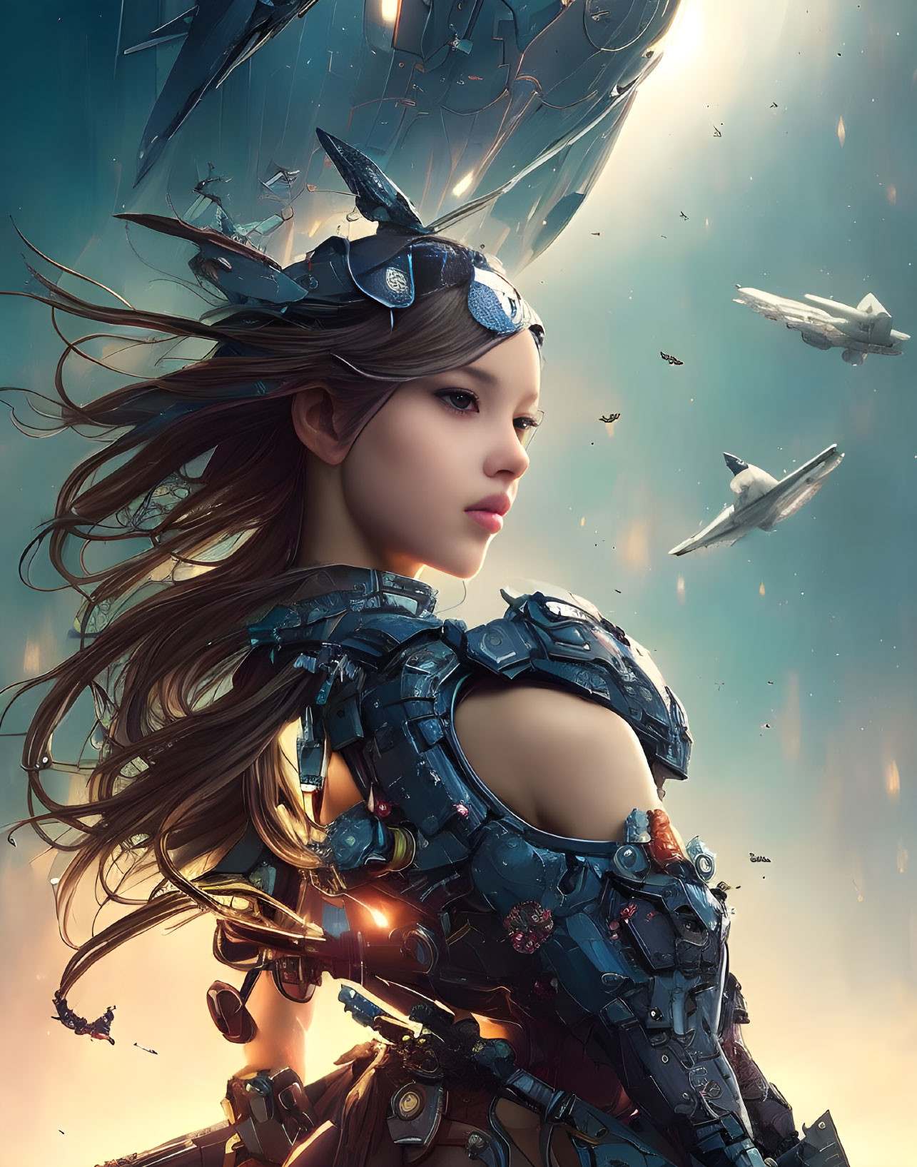 Futuristic warrior woman in mechanical armor amidst floating debris and spaceships