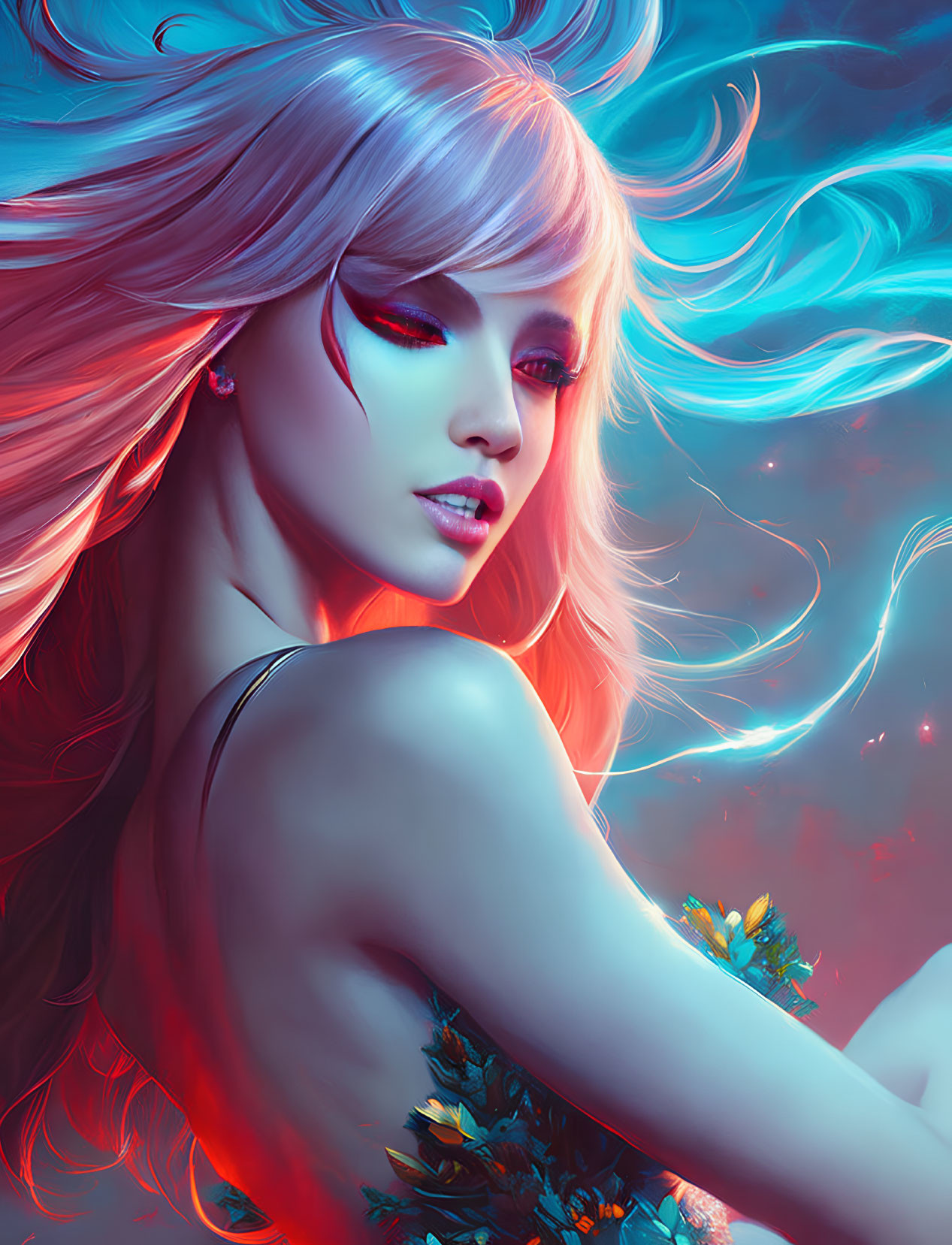 Surreal digital artwork: woman with pink hair and red eyes in neon blue setting