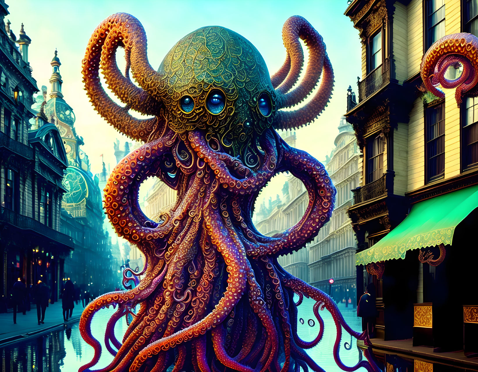 Giant Octopus with Ornate Patterns in Victorian Cityscape