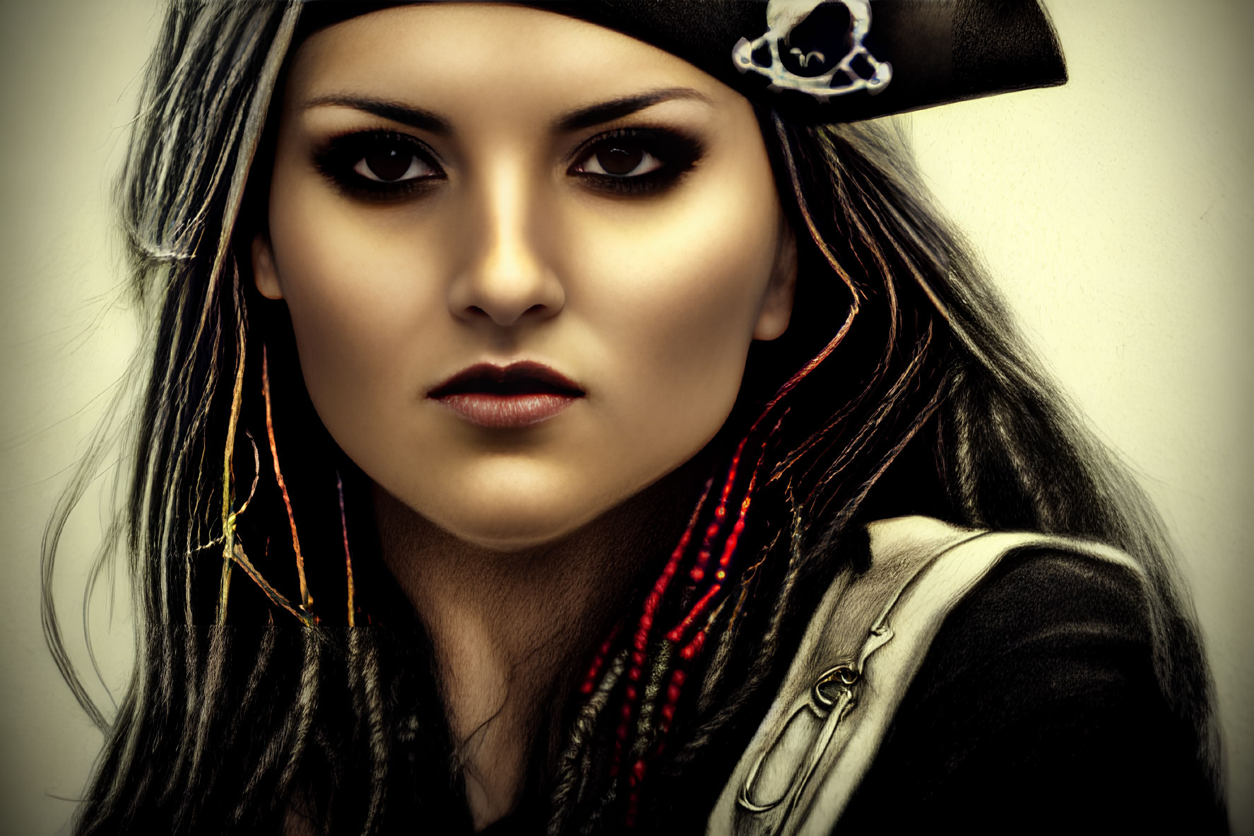 Woman in pirate costume with tricorn hat and braided hair.