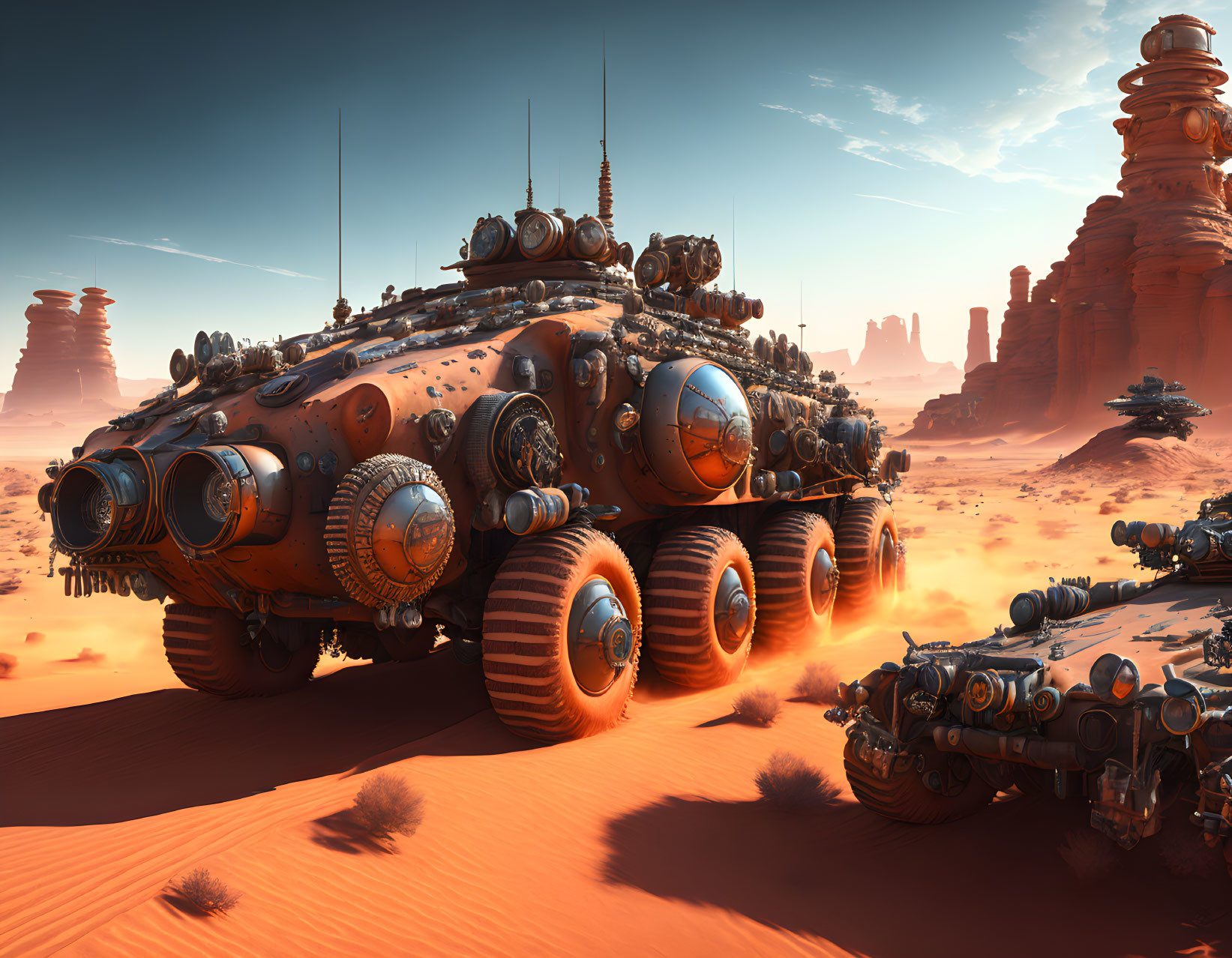 Futuristic multi-wheeled vehicles in a desert landscape under an orange sky