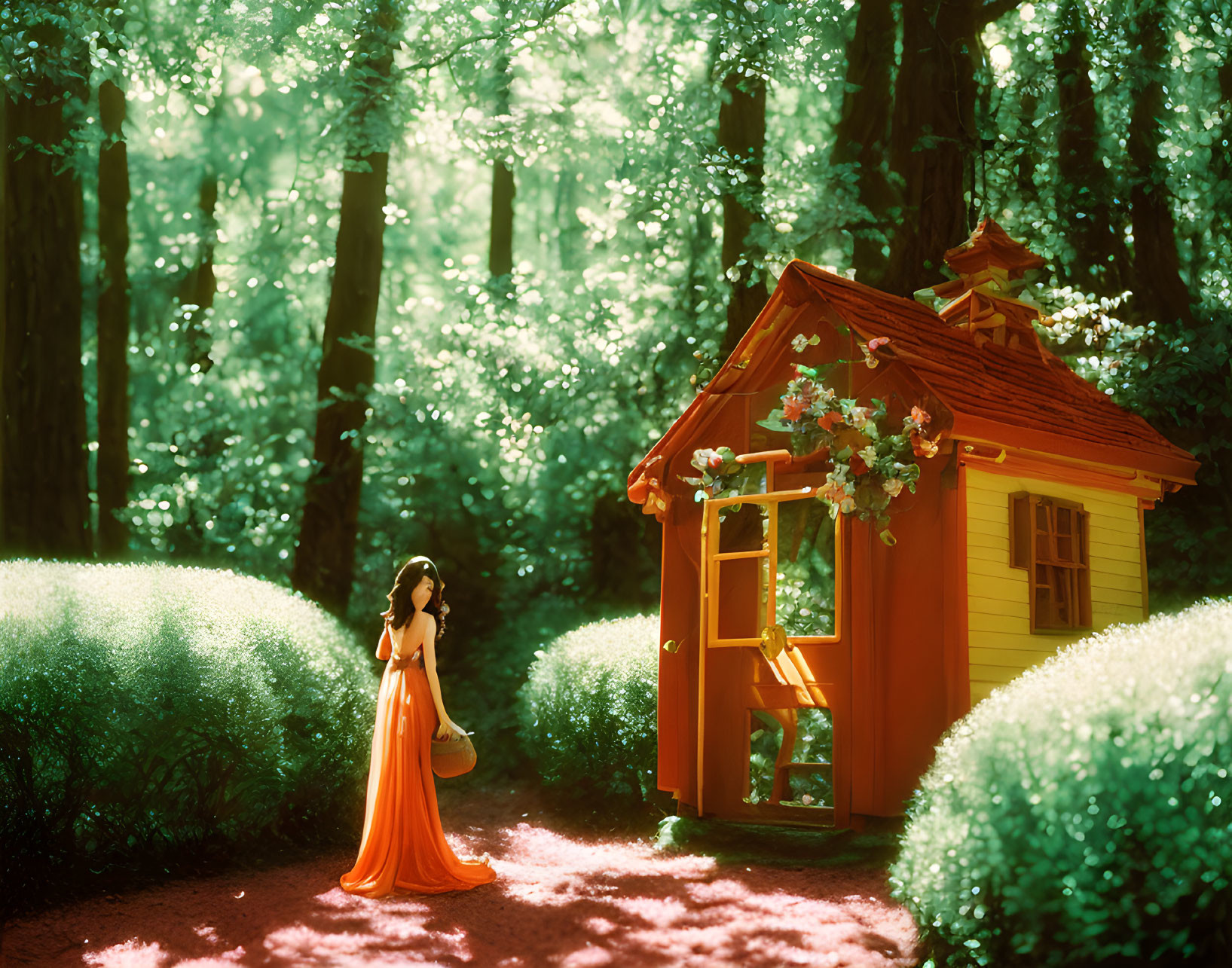 Woman in Orange Dress Near Small Red House Surrounded by Greenery