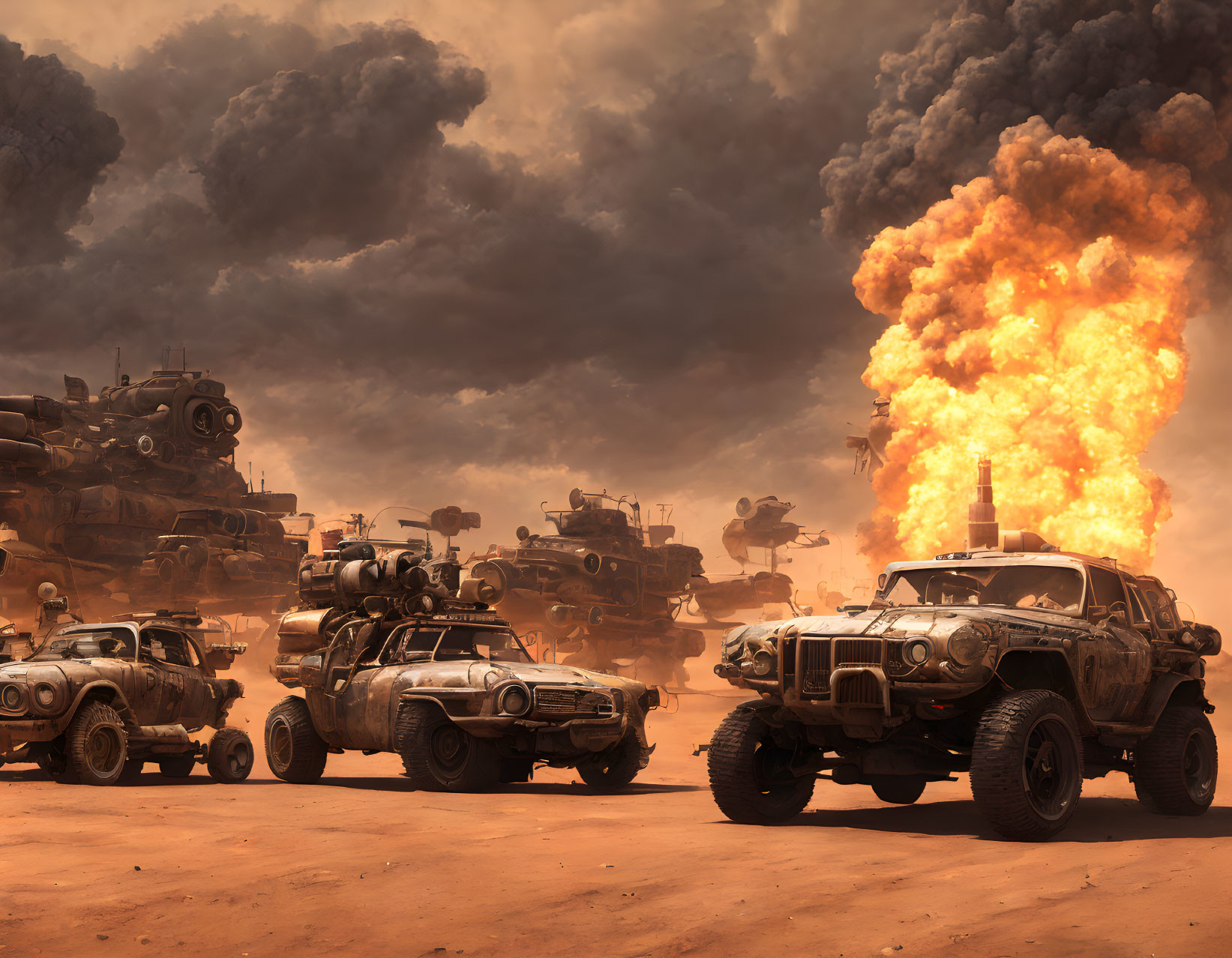 Armored vehicles and fiery explosion in dystopian setting