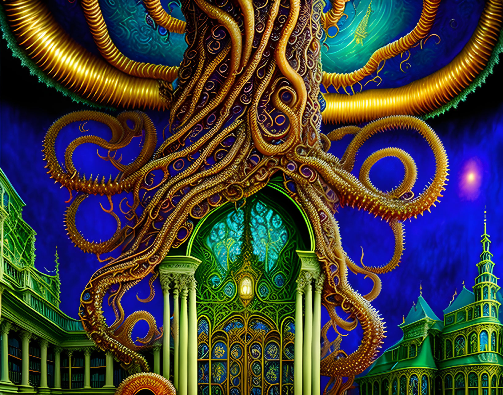 Giant octopus over ornate green-gold buildings in cosmic scene