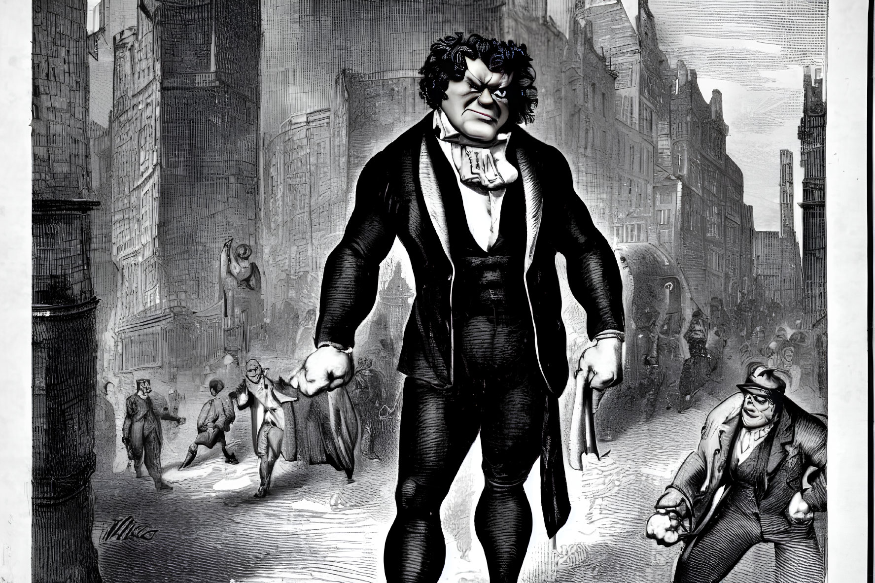 Vintage Black and White Illustration of Giant Man in Busy Street