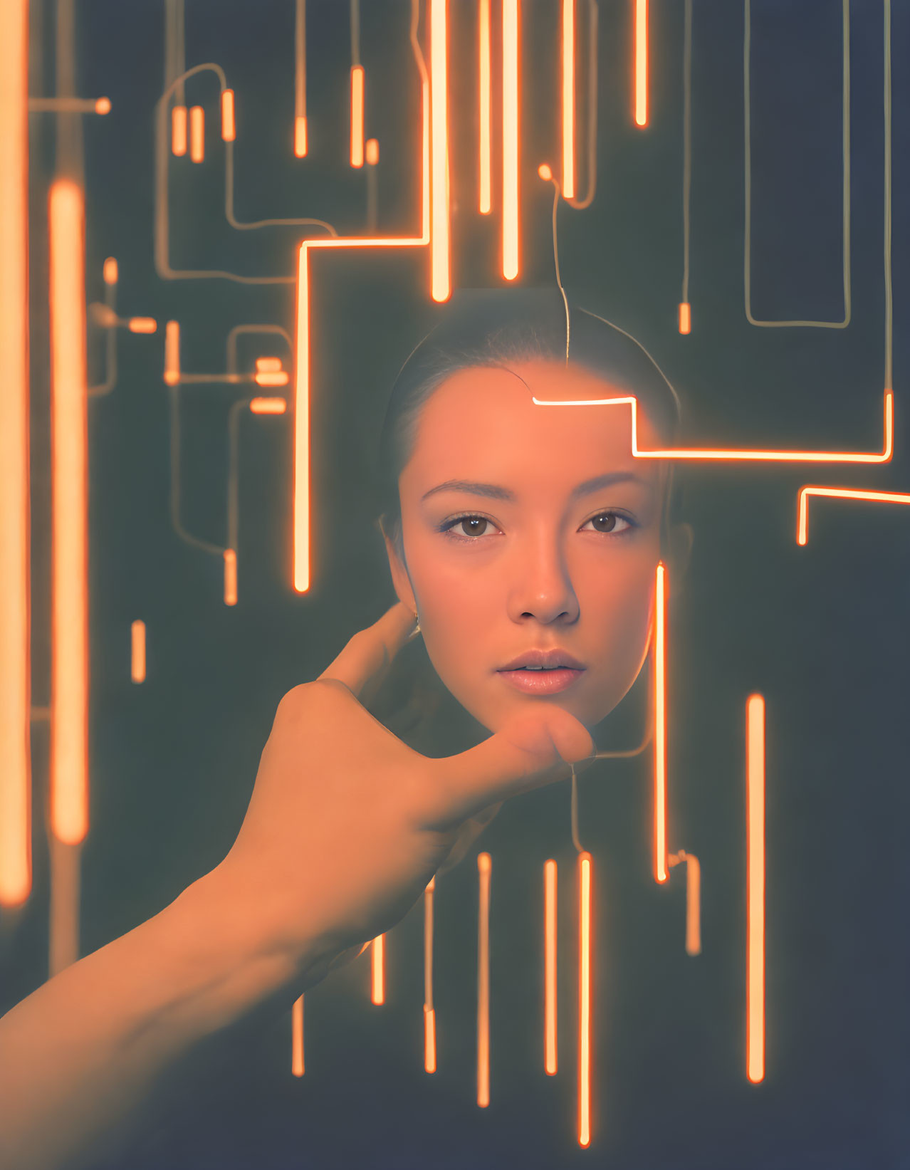 Futuristic neon yellow circuit-like patterns on woman's face