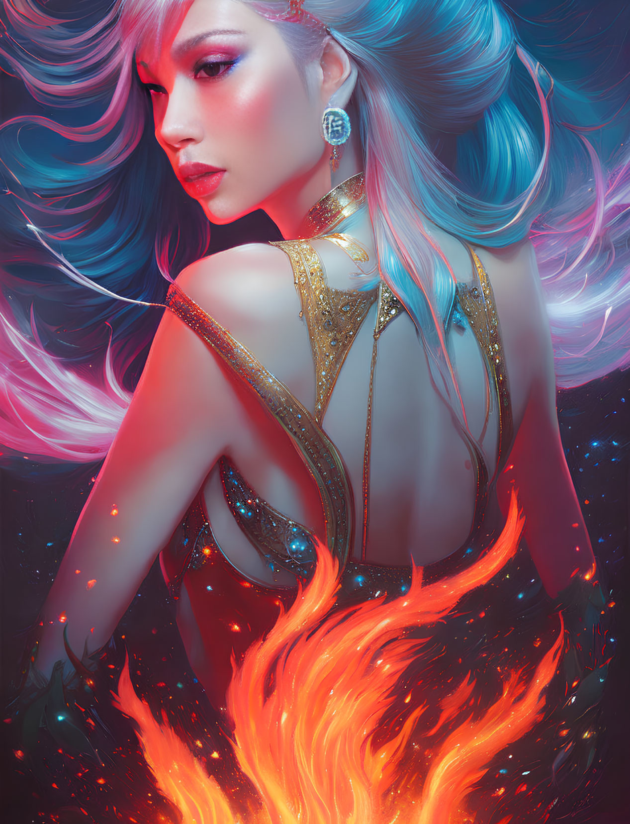 Vivid illustration of woman with blue hair and fiery elements in gold attire on red and blue backdrop