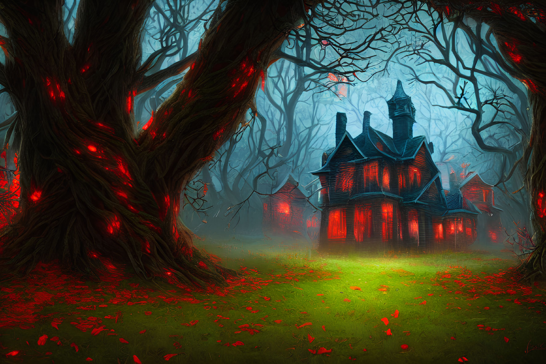 Glowing eerie mansion in twisted tree landscape