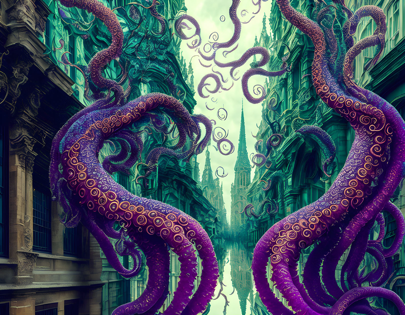 Purple Octopus Tentacles in Flooded Gothic Cityscape