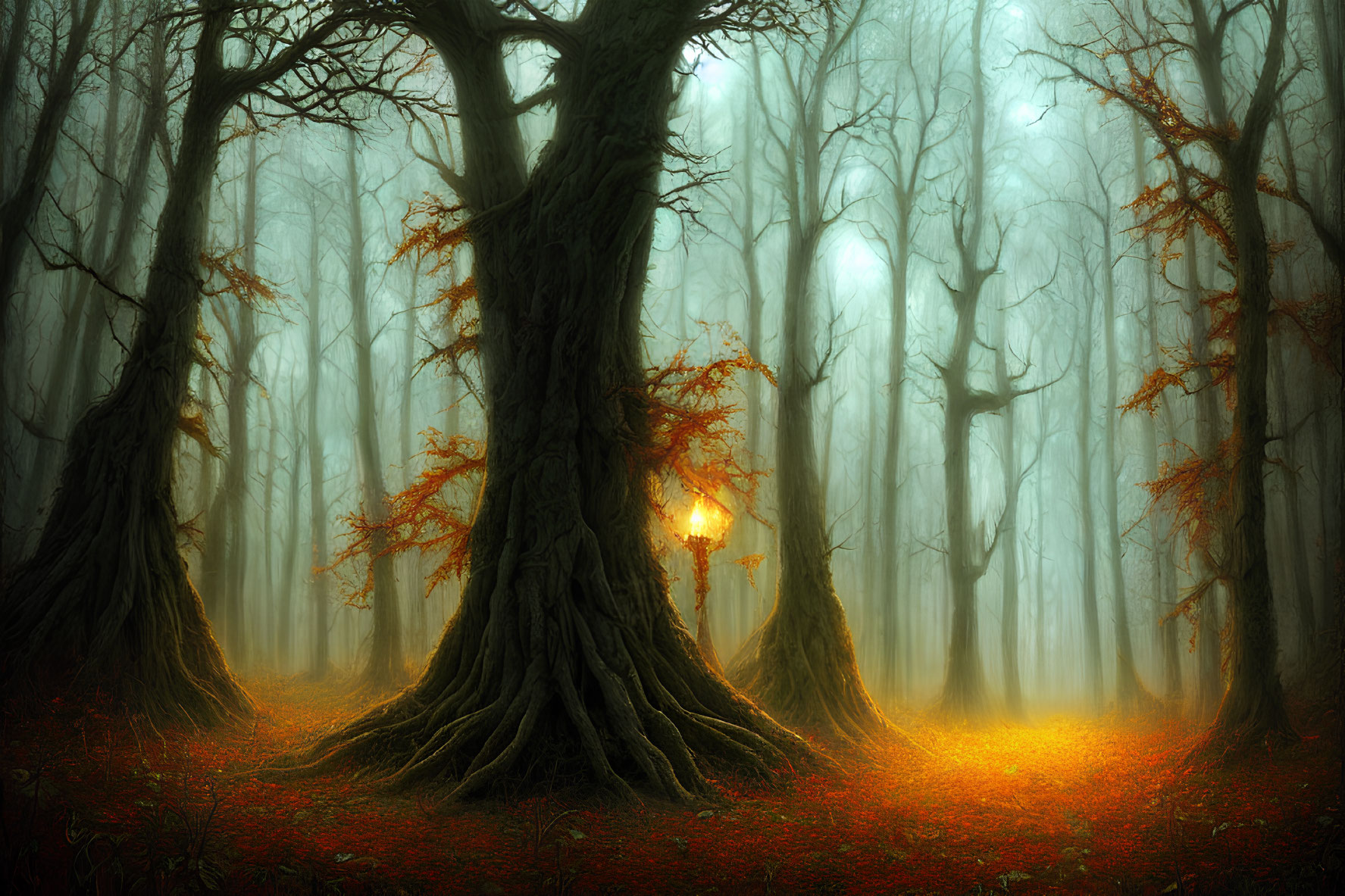 Ethereal forest with towering trees, misty ambiance, autumn leaves, glowing lantern