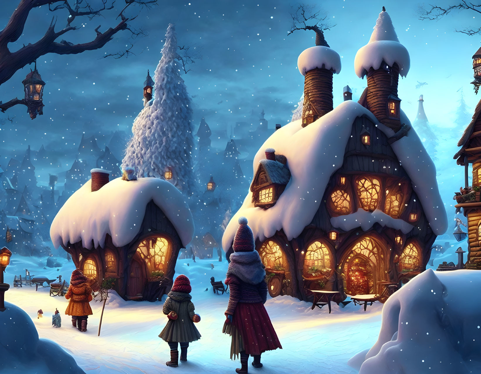 Snow-covered cottages in a winter village scene at night with warm glowing windows, villagers in winter clothes