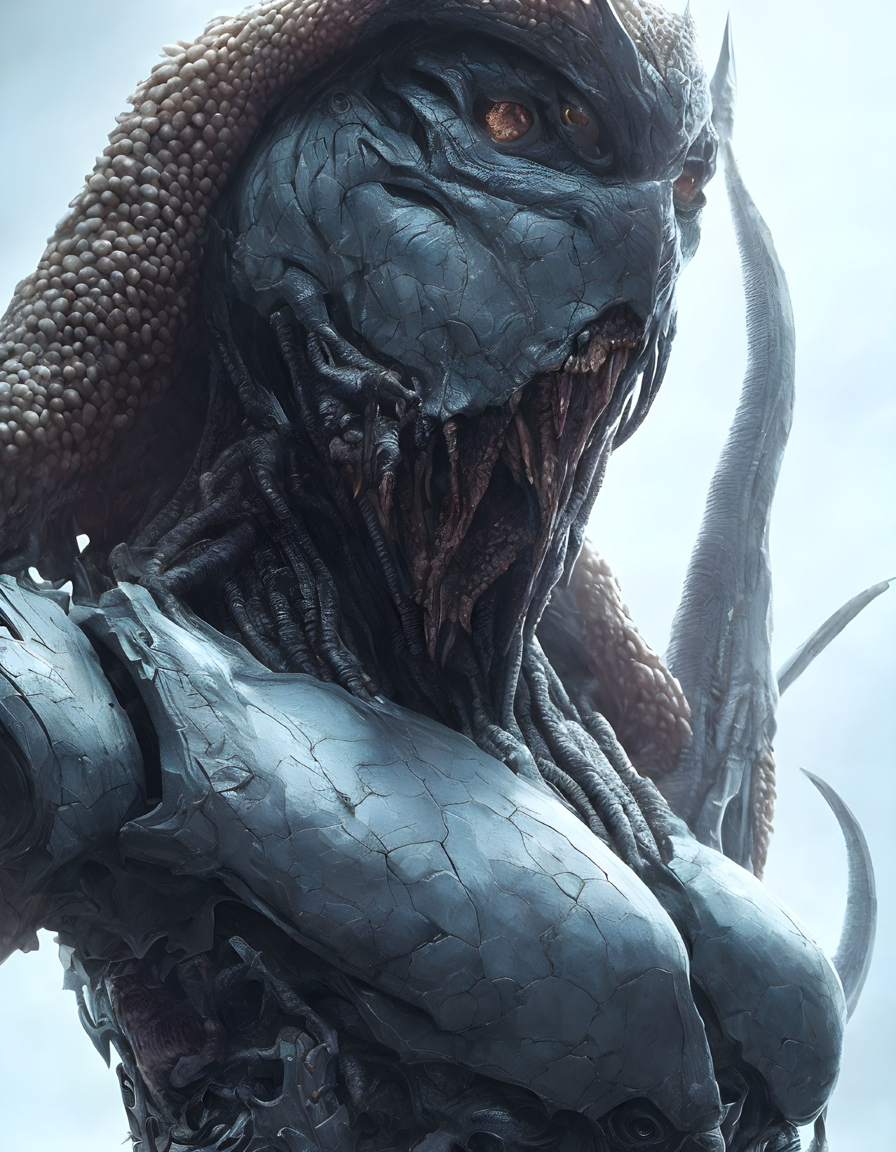 Detailed Close-Up of Menacing Dragon-Humanoid Hybrid Creature