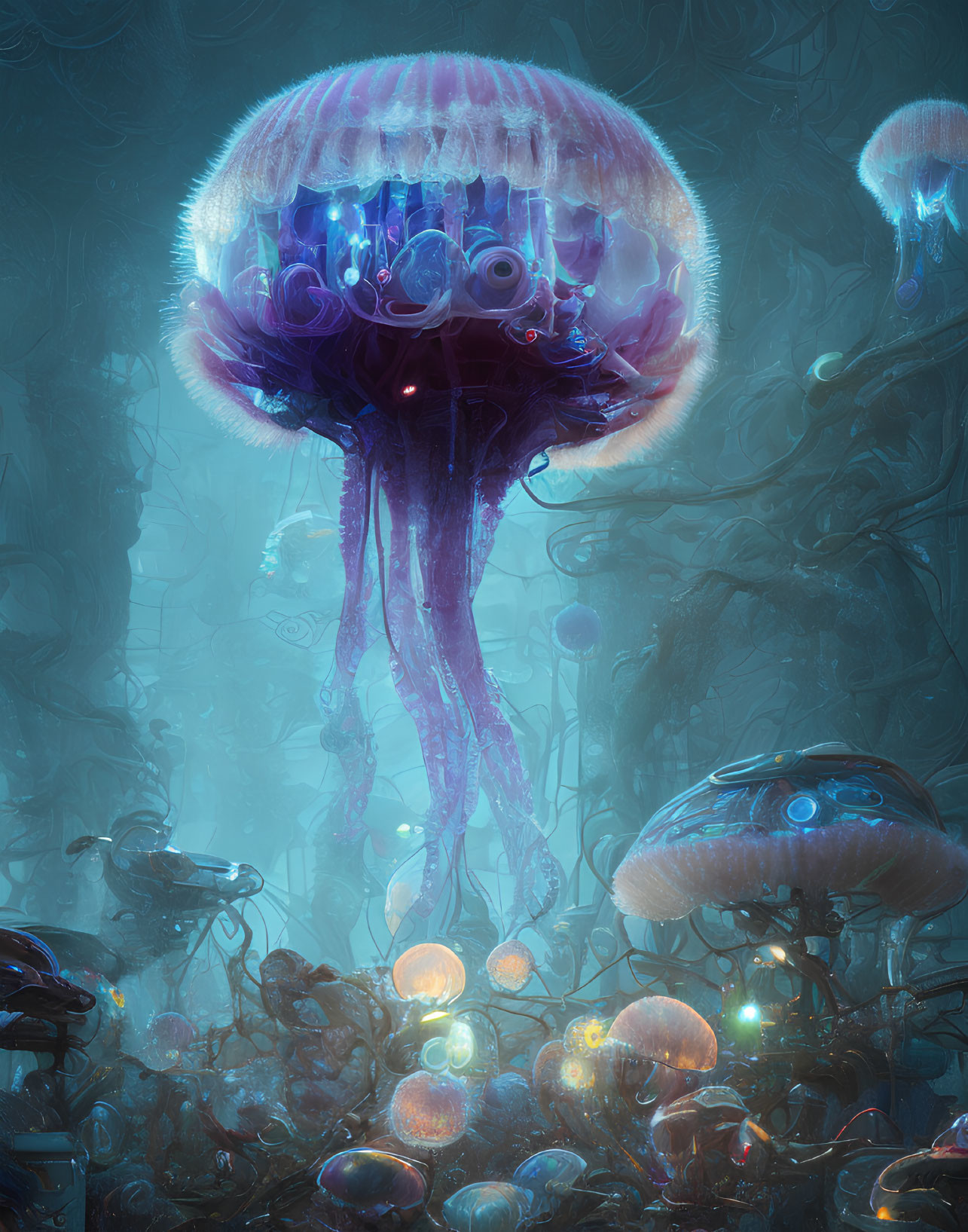 Bioluminescent jellyfish and underwater flora in mystical scene