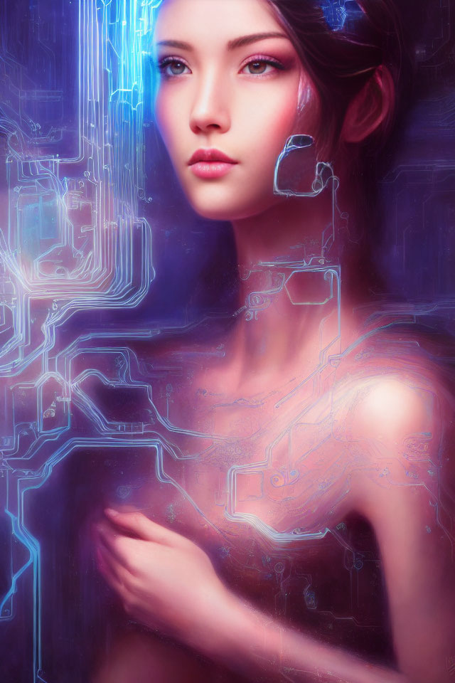 Woman's portrait with cybernetic elements and glowing circuits in futuristic setting