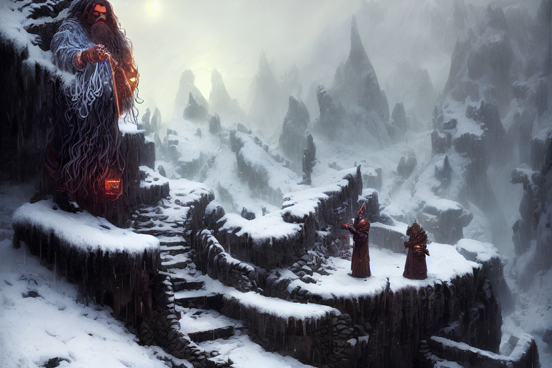 Glowing runes on mystical giant with two figures in snowy mountain scene