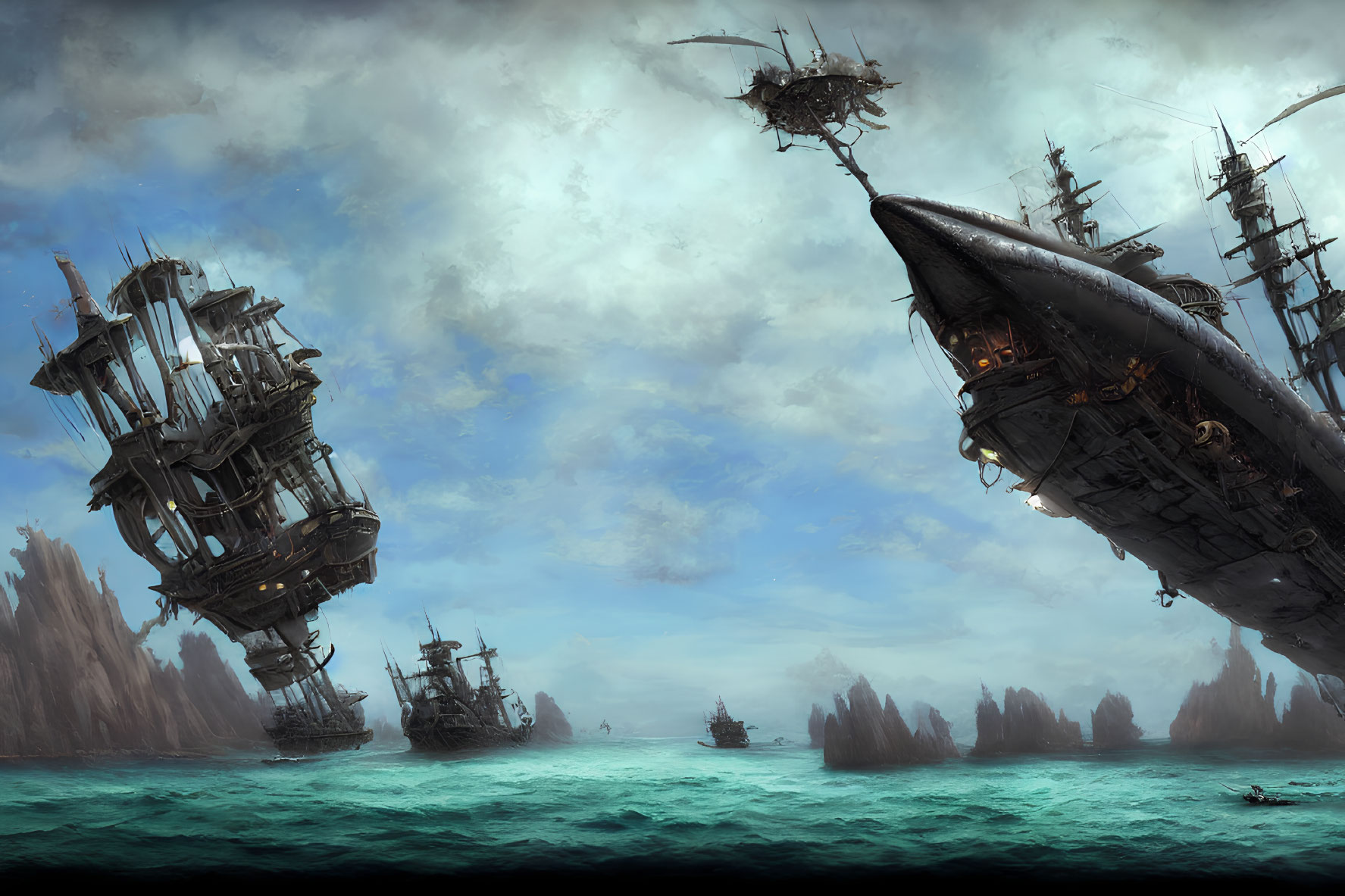 Flying pirate ships with diverse sails over teal ocean and rocky landscape under dramatic sky