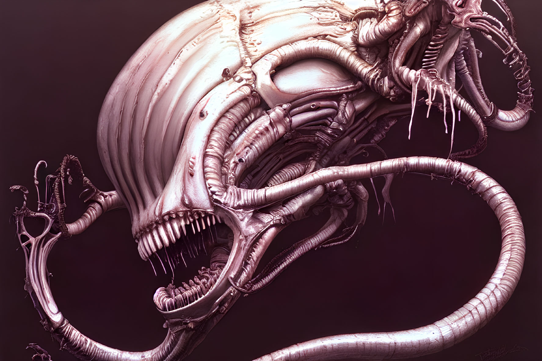 Detailed Bio-Mechanical Creature Drawing with Skull-Like Head and Tendrils