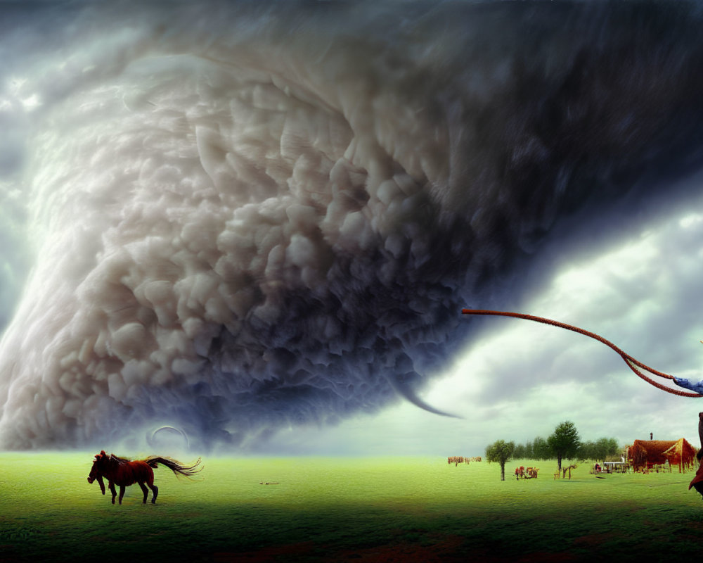 Cowboy swinging lasso with tornado over prairie, horses and cattle.