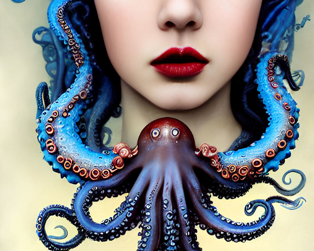 Blue Curled Hair and Octopus Tentacles with Third Eye on Yellow Background