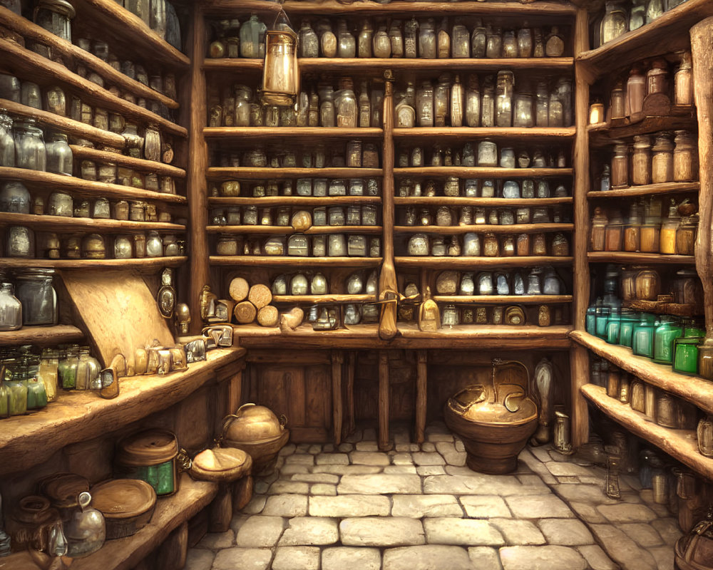 Vintage Apothecary with Wooden Shelves and Stone Floor