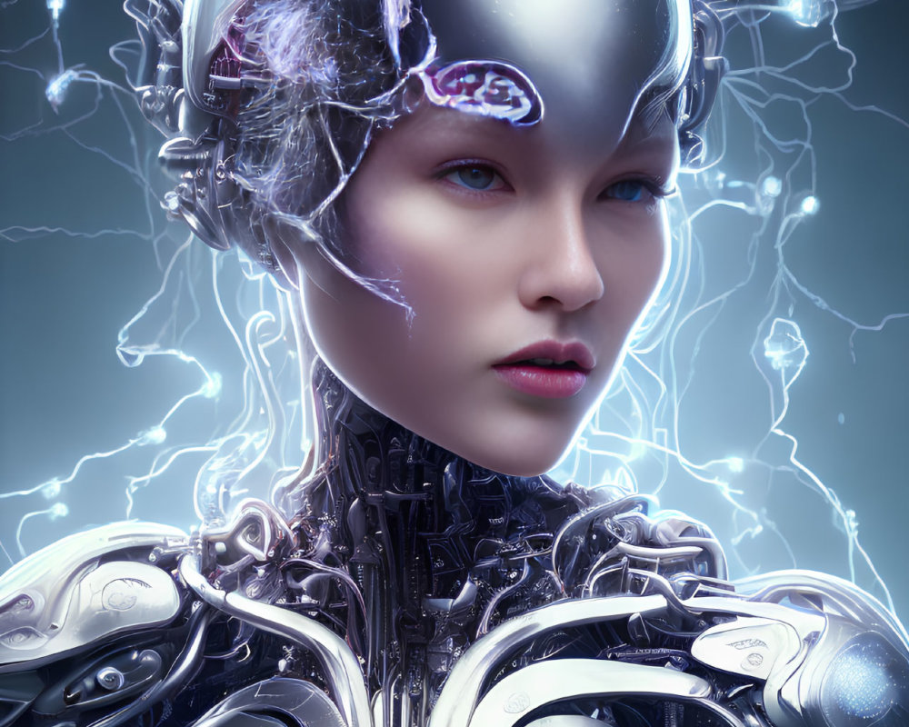 Metallic humanoid robot with visible brain under dome amidst lightning strikes