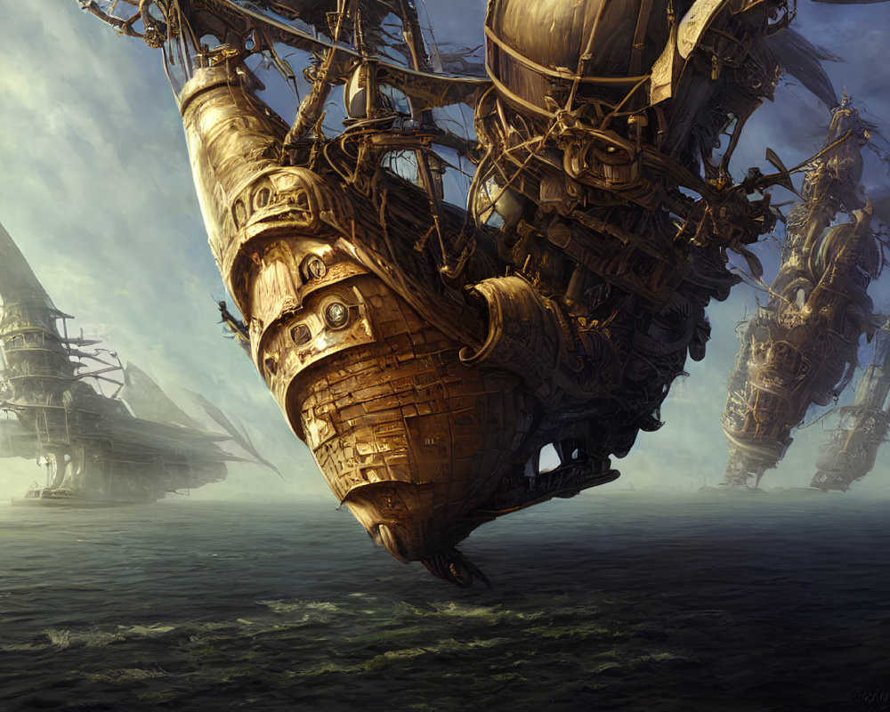 Intricately Designed Steampunk Airships Float Over Misty Sea