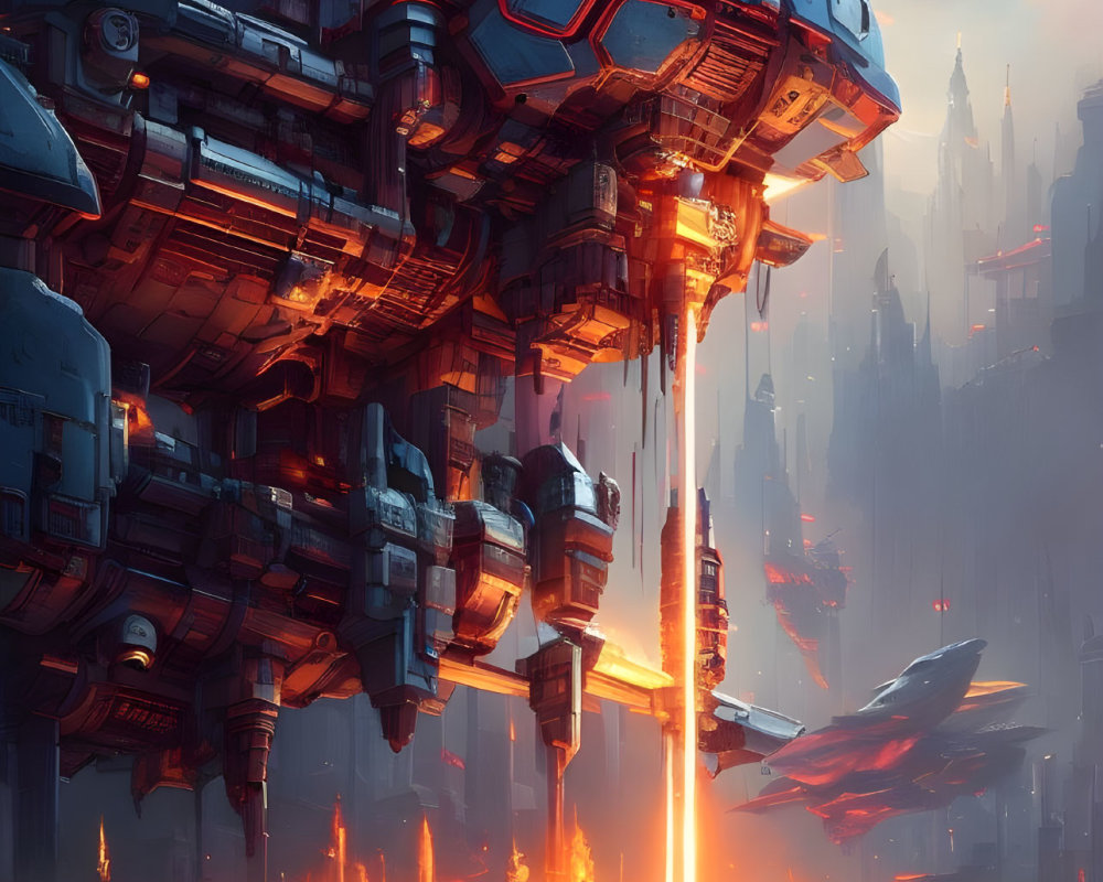 Gigantic futuristic spaceship over dystopian cityscape