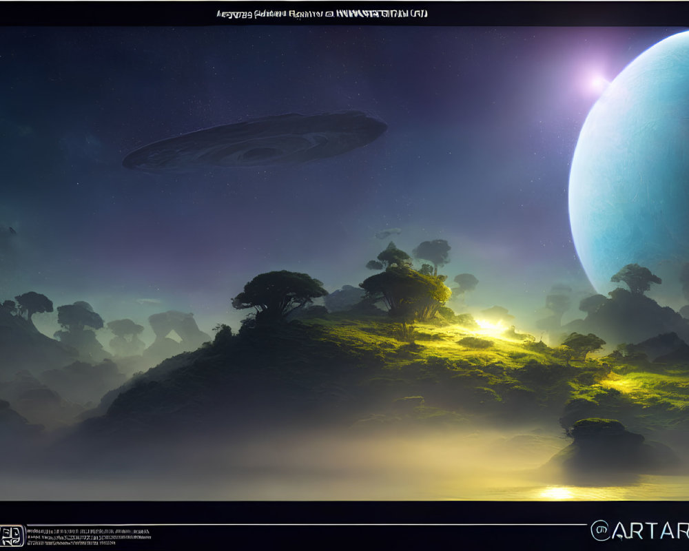 Sci-fi landscape with lush green terrain, glowing lights, large planet, spaceship