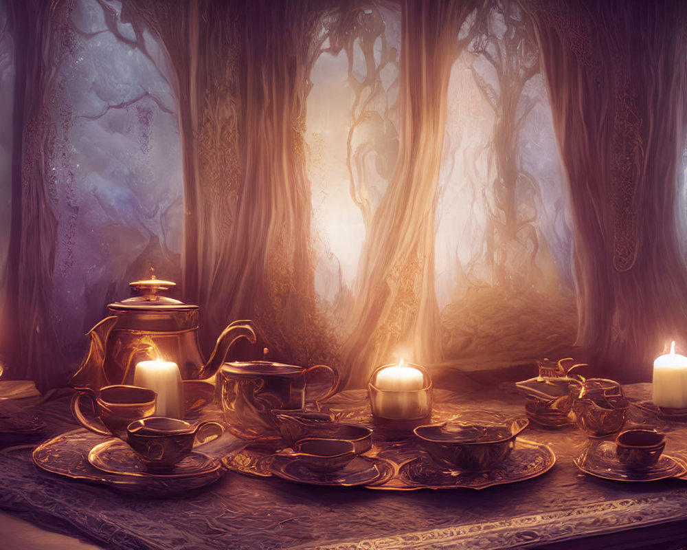 Enchanting forest tea party with candles and mystical trees